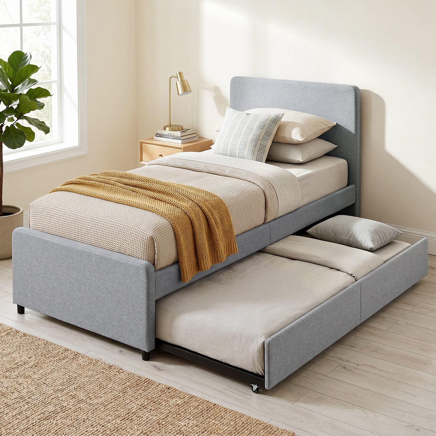 HOMCOM 3ft Single Bed Frame with Trundle Upholstered Pull Out Trundle Bed with Headboard And Footboard Light Grey