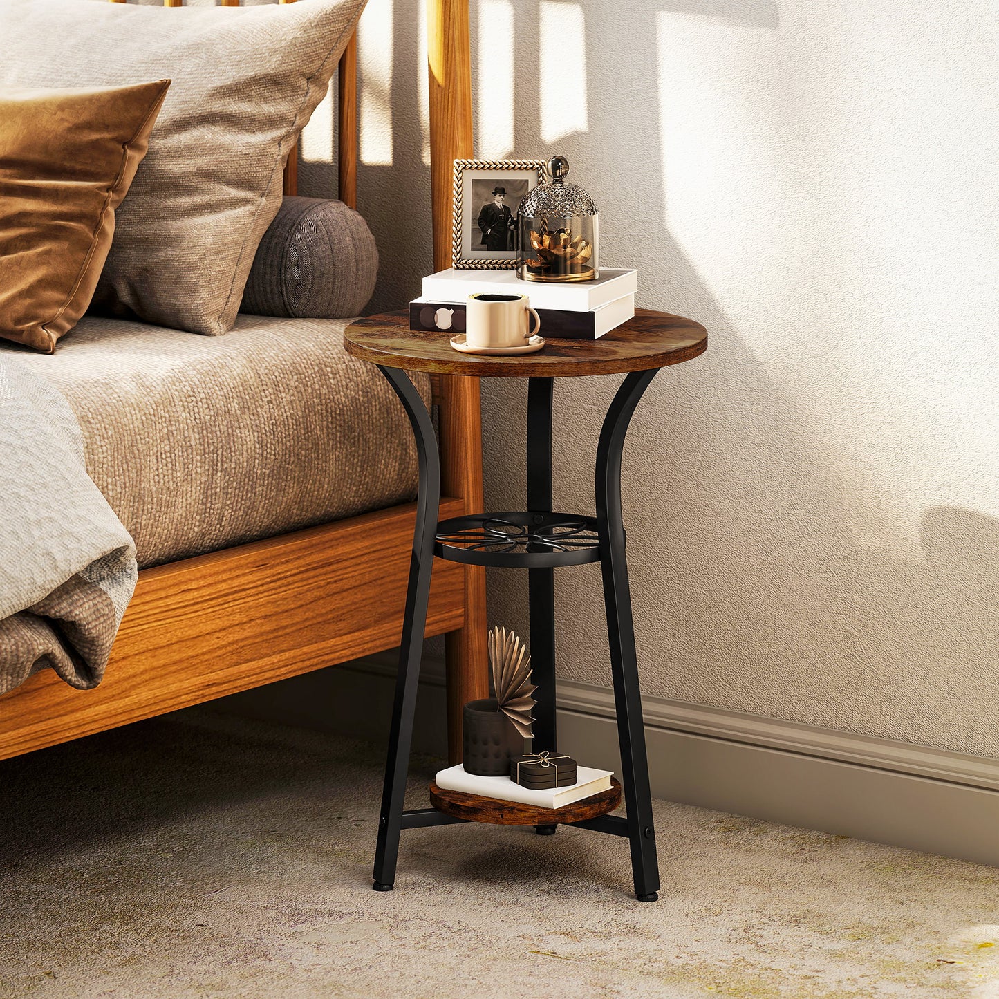 HOMCOM Small Round Side Table With Three Storage Shelves Rustic Brown And Black Metal Frame End Table