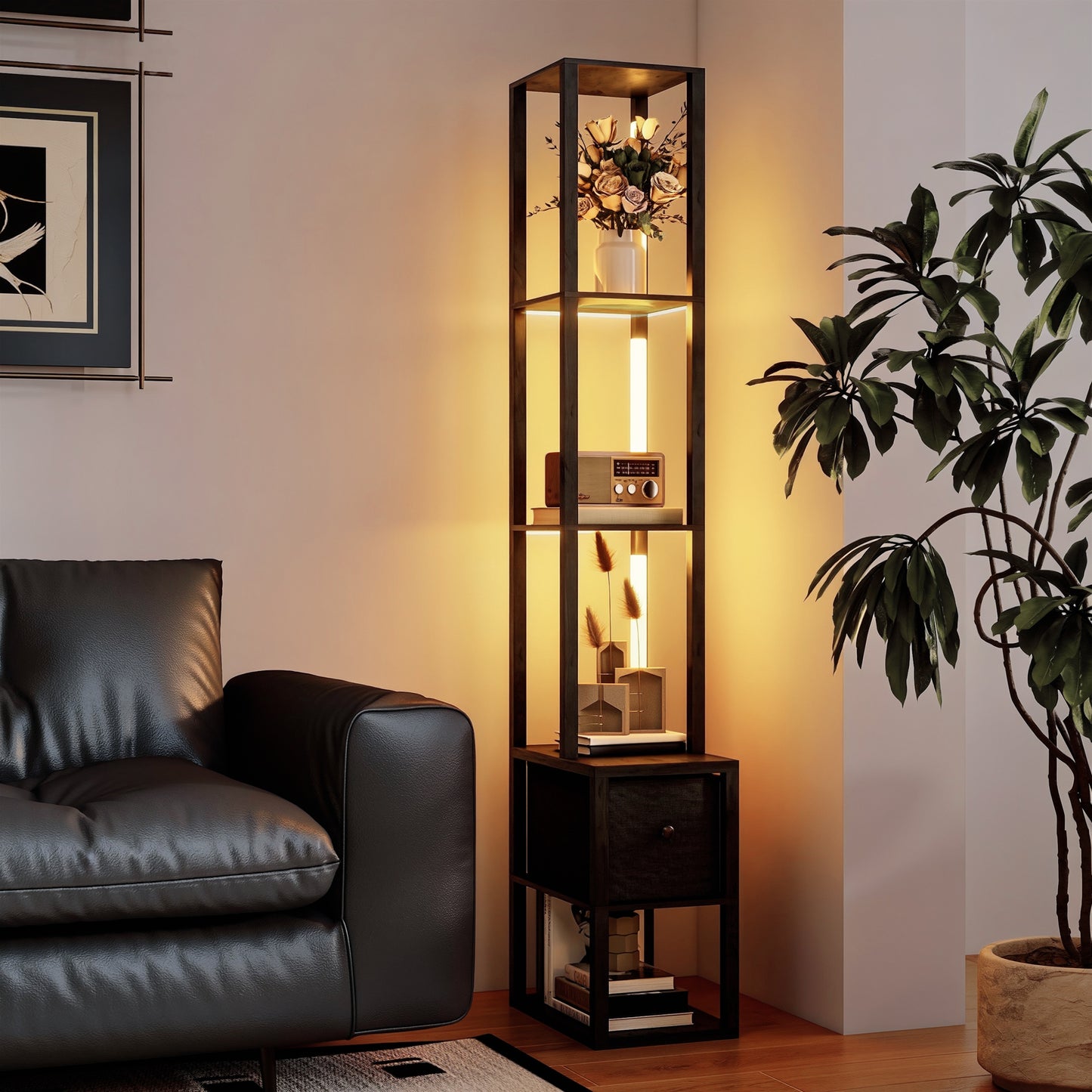HOMCOM Floor Lamp With Shelves LED Column Modern Standing Lamp With Fabric Drawer And Foot Switch For Living Room Black
