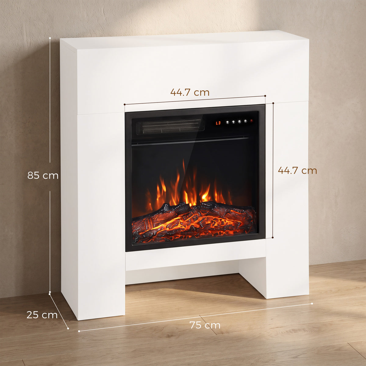 White electric fireplace cabinet with flame window and size measurement outlines