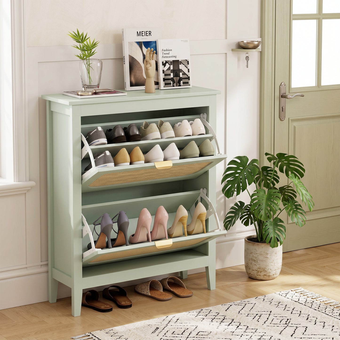 HOMCOM Narrow Boho Shoe Cabinet With 2 Flip Drawers Holds 14 Pairs In Light Green Finish