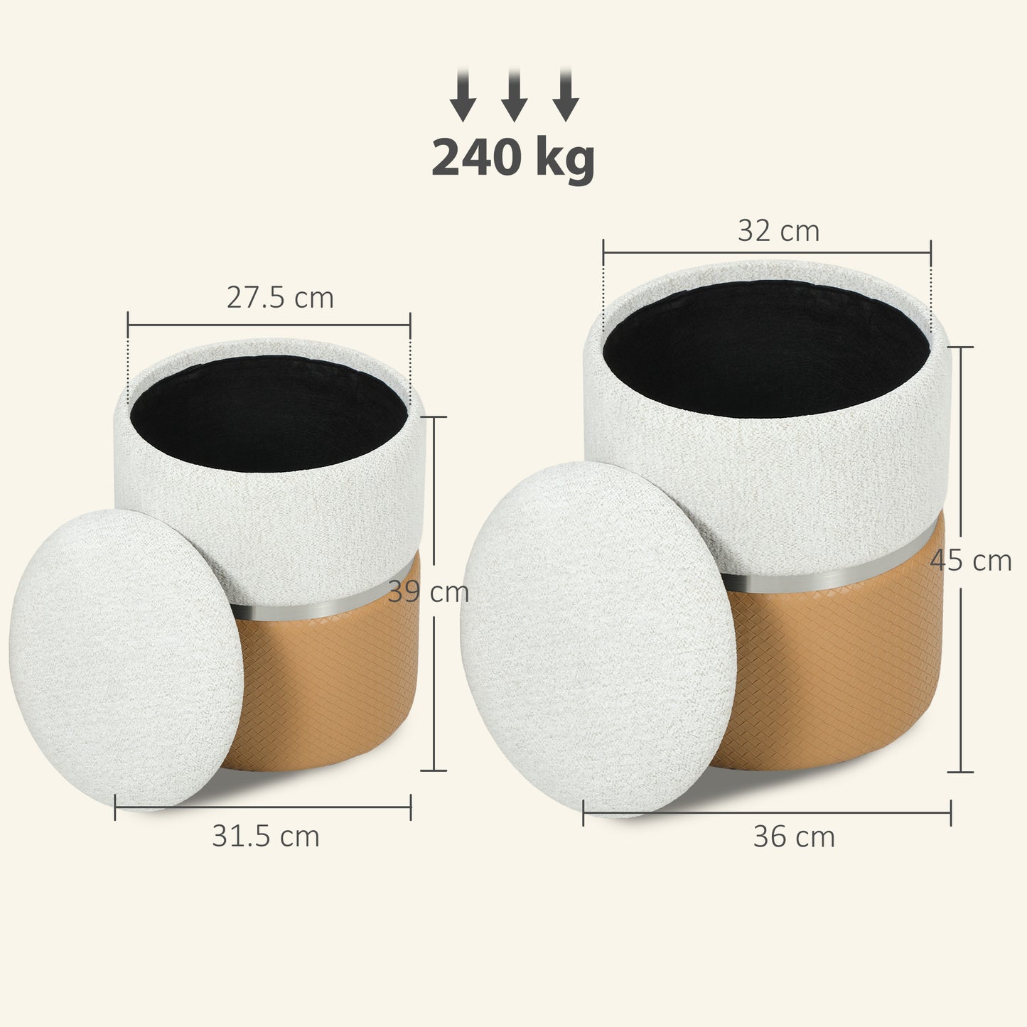 HOMCOM Nesting Round Ottomans With Storage Set Of 2 Cream And Brown Chenille Two Tone