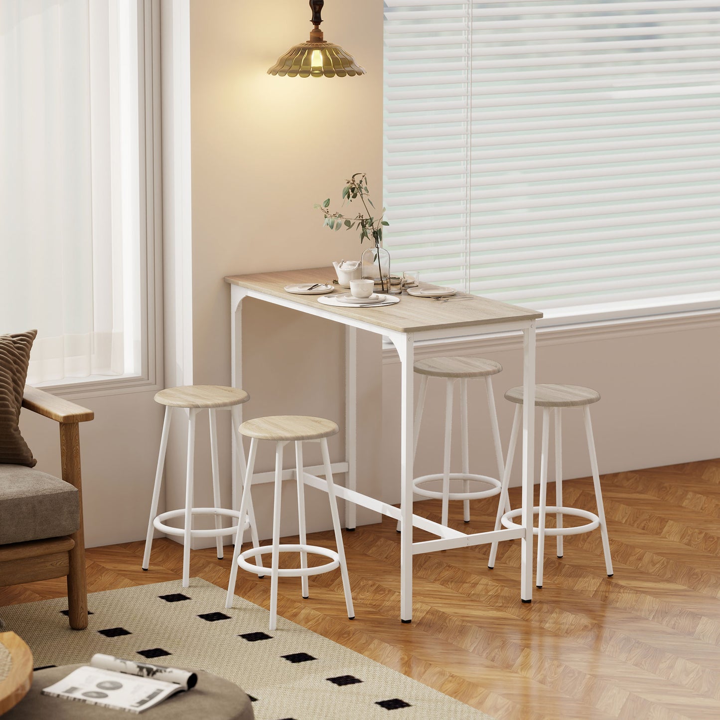 HOMCOM Five Piece Bar Table Set For Four With Stools Metal Frame Footrest Natural Wood