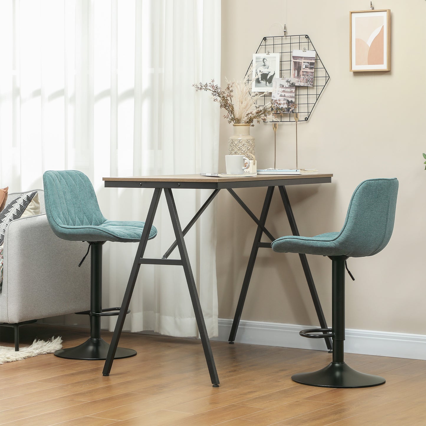 HOMCOM Set Of Two Linen Look Bar Stools Blue With Adjustable Height 60 To 80 Cm 360 Degree Swivel Padded Seats