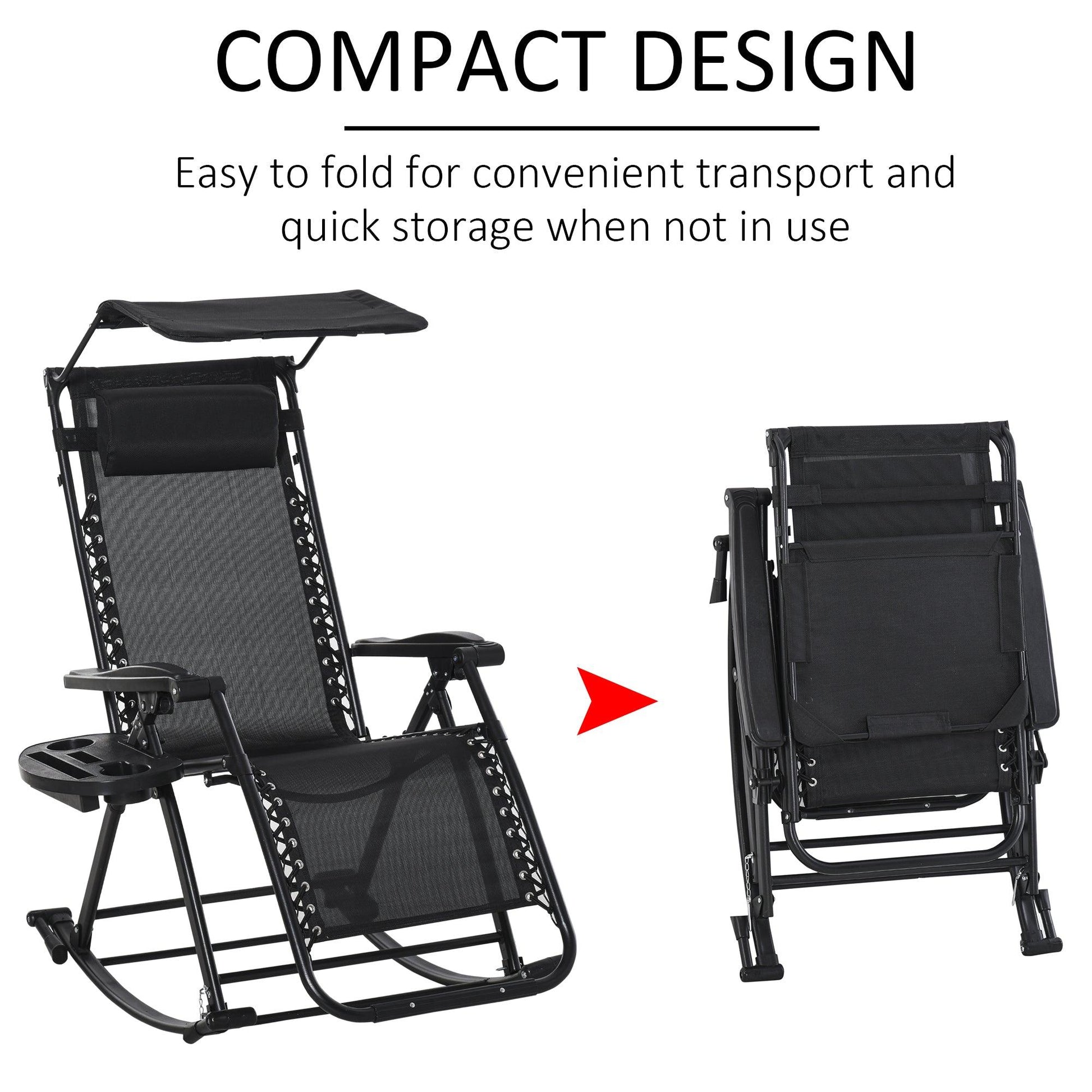 Outsunny Folding Rocking Chair with Headrest and Side Holder - Black - ALL4U RETAILER LTD