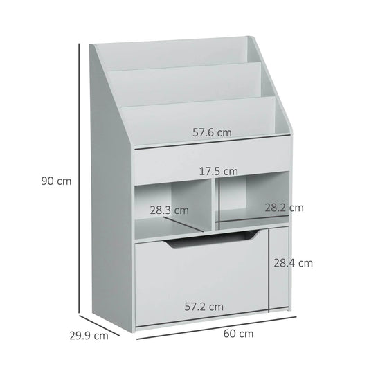 Grey kids bookcase storage with two doors, open compartments, and size guide