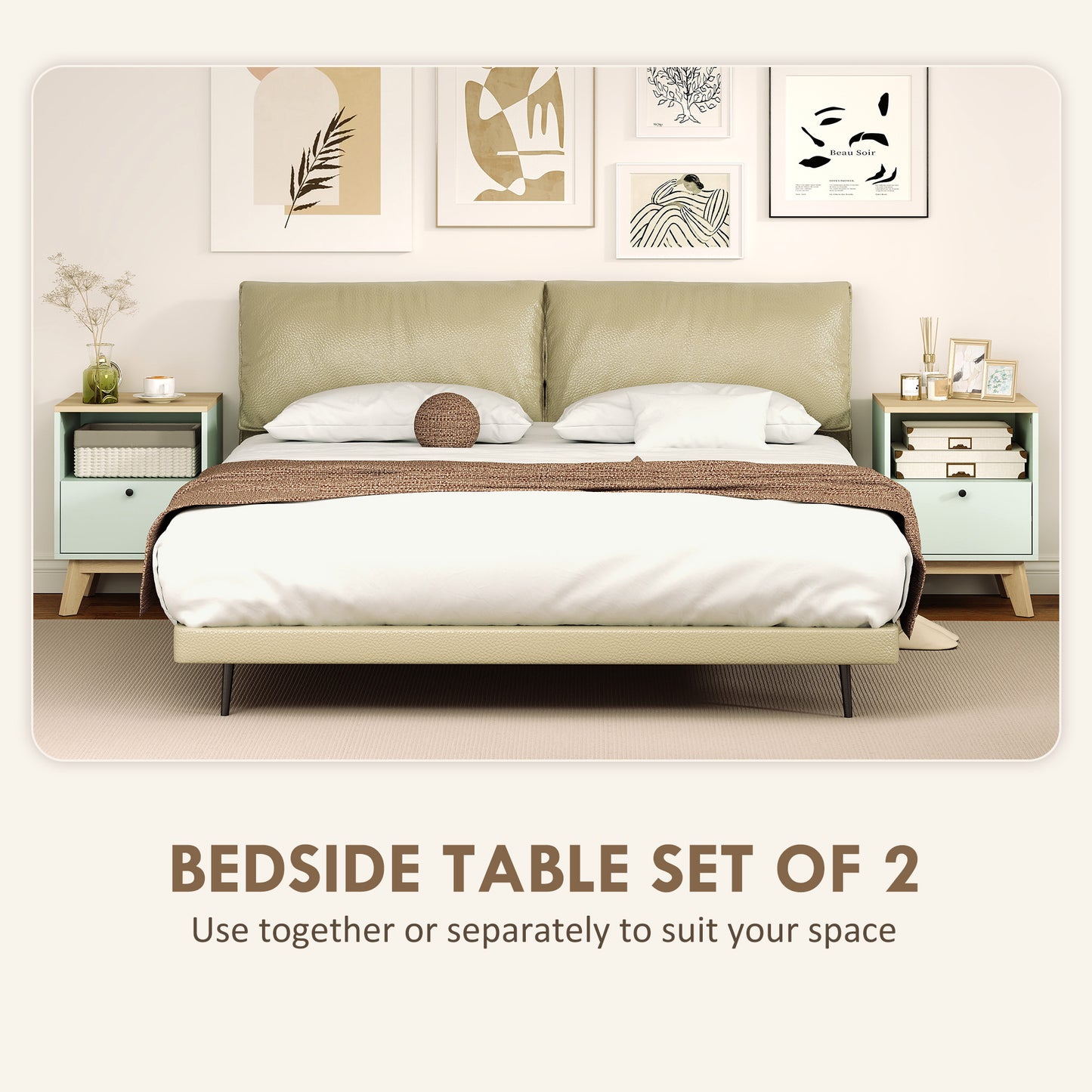 HOMCOM Modern Nightstand Set Of 2 Bedside Tables With Drawers And Open Shelf Light Green Finish
