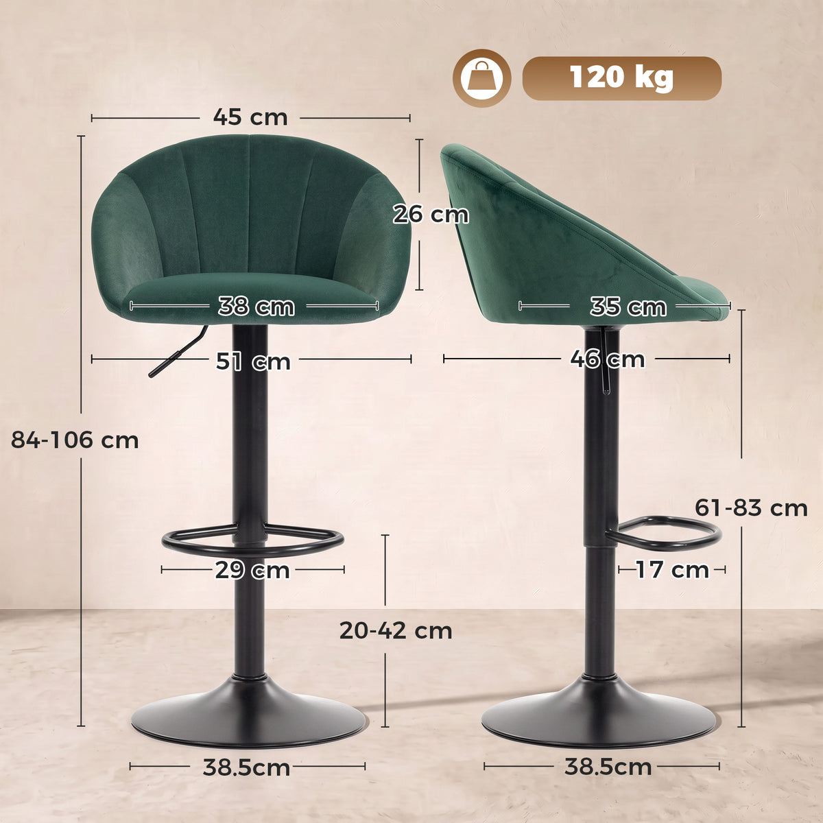 Dark green velvet bar stool with swivel base and height adjustment dimensions