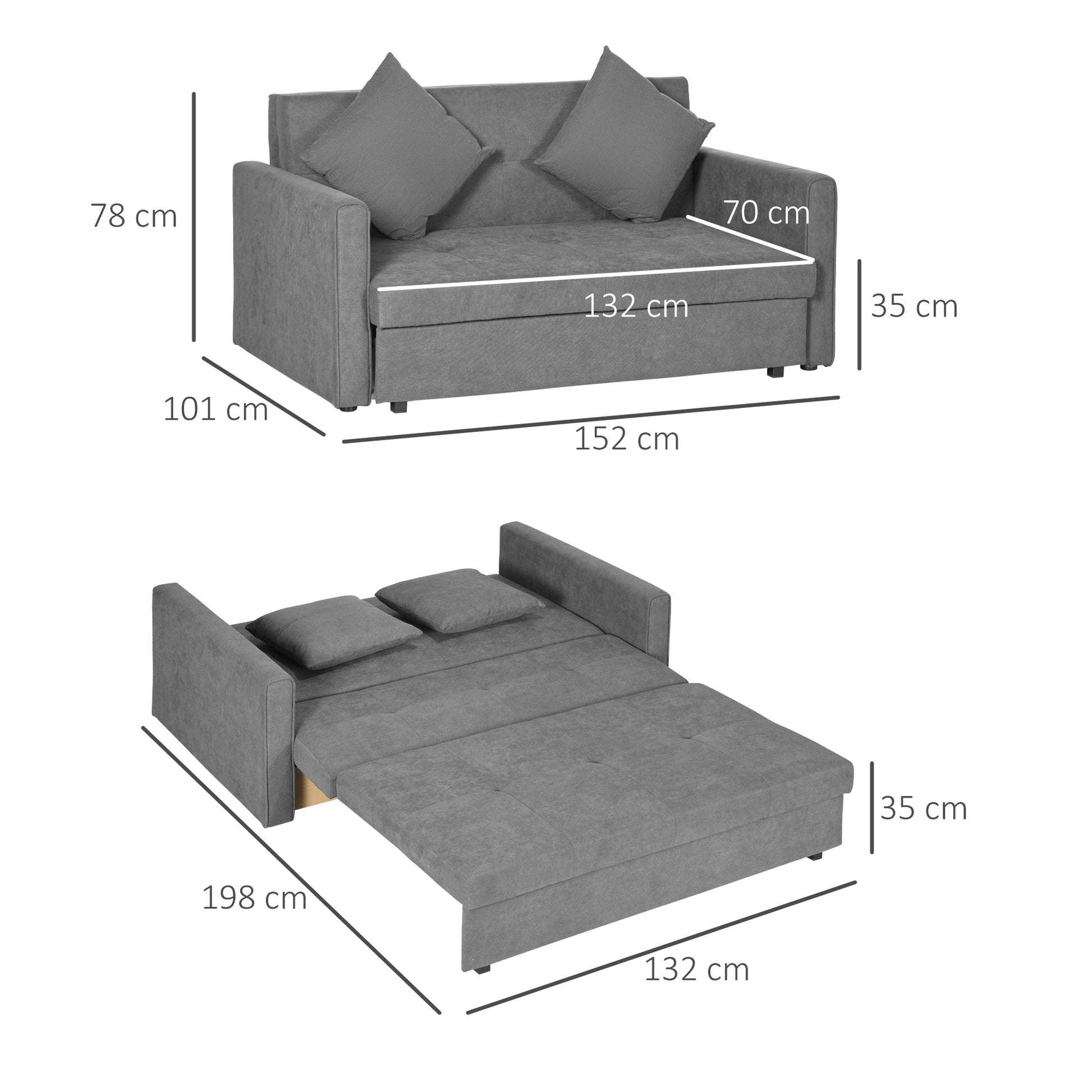 HOMCOM Convertible Light Grey Loveseat Sofa Bed with Hidden Storage and Cushions - ALL4U RETAILER LTD