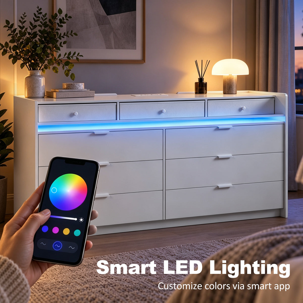 White dresser with illuminated blue LED strip across the front and multiple drawers