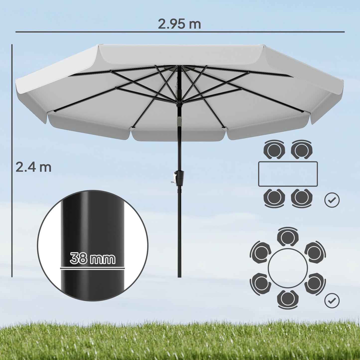 Outsunny 3m Garden Parasol With Tilt Mechanism And Crank Handle UPF 30 Plus Patio Table Umbrella Light Grey