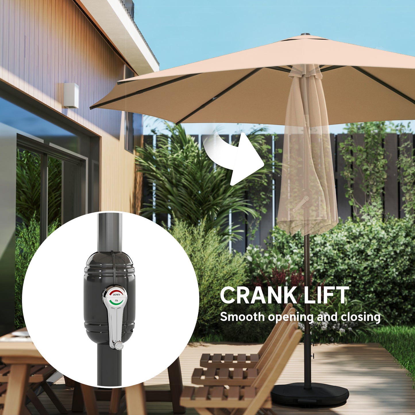 Outsunny 2.7m Garden Parasol Umbrella With Cross Base And Sandbag Retractable Ribs Outdoor Table Market Umbrella Khaki