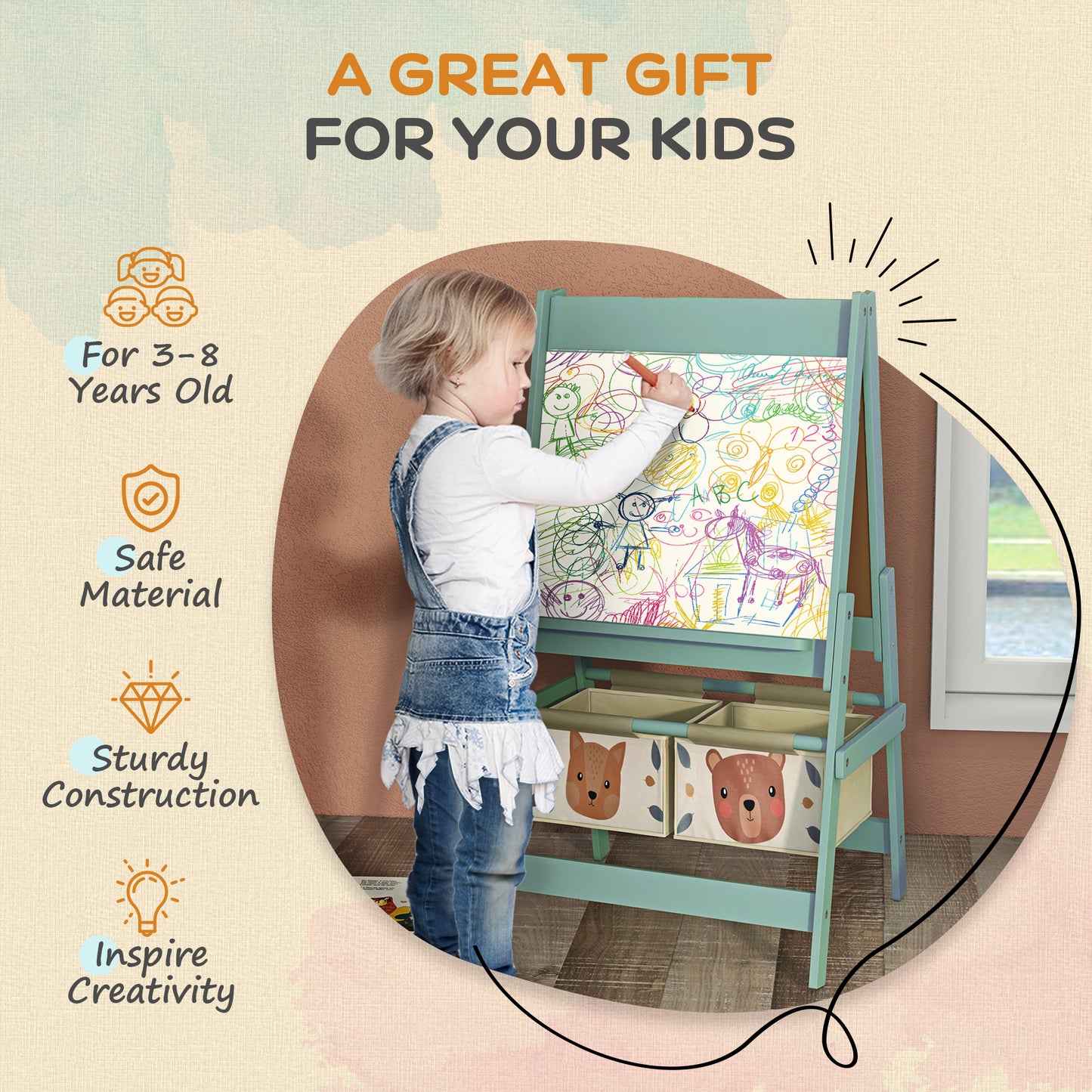 AIYAPLAY Three In One Kids Easel With Paper Roll Blackboard And Whiteboard Storage Green
