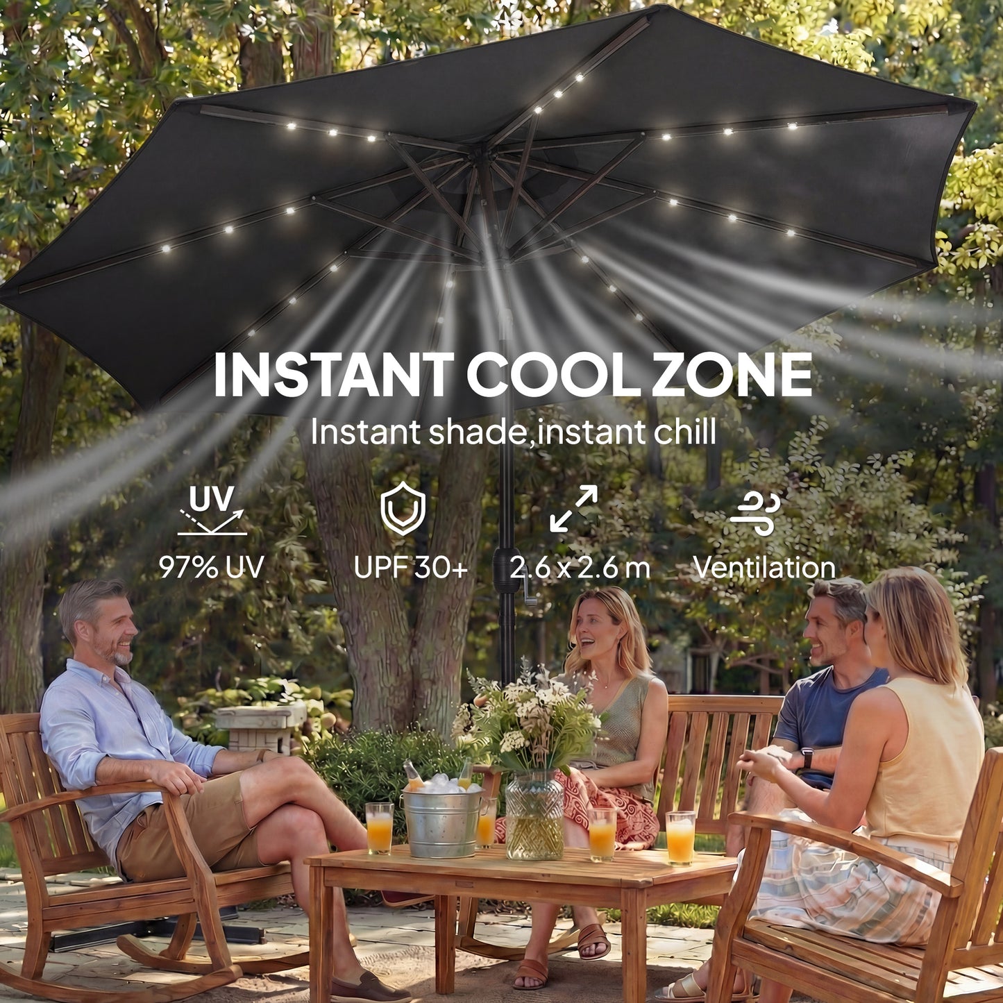 Outsunny 2.6m Garden Parasol Umbrella With LED Solar Light Parasol Cover Outdoor Market Patio Black
