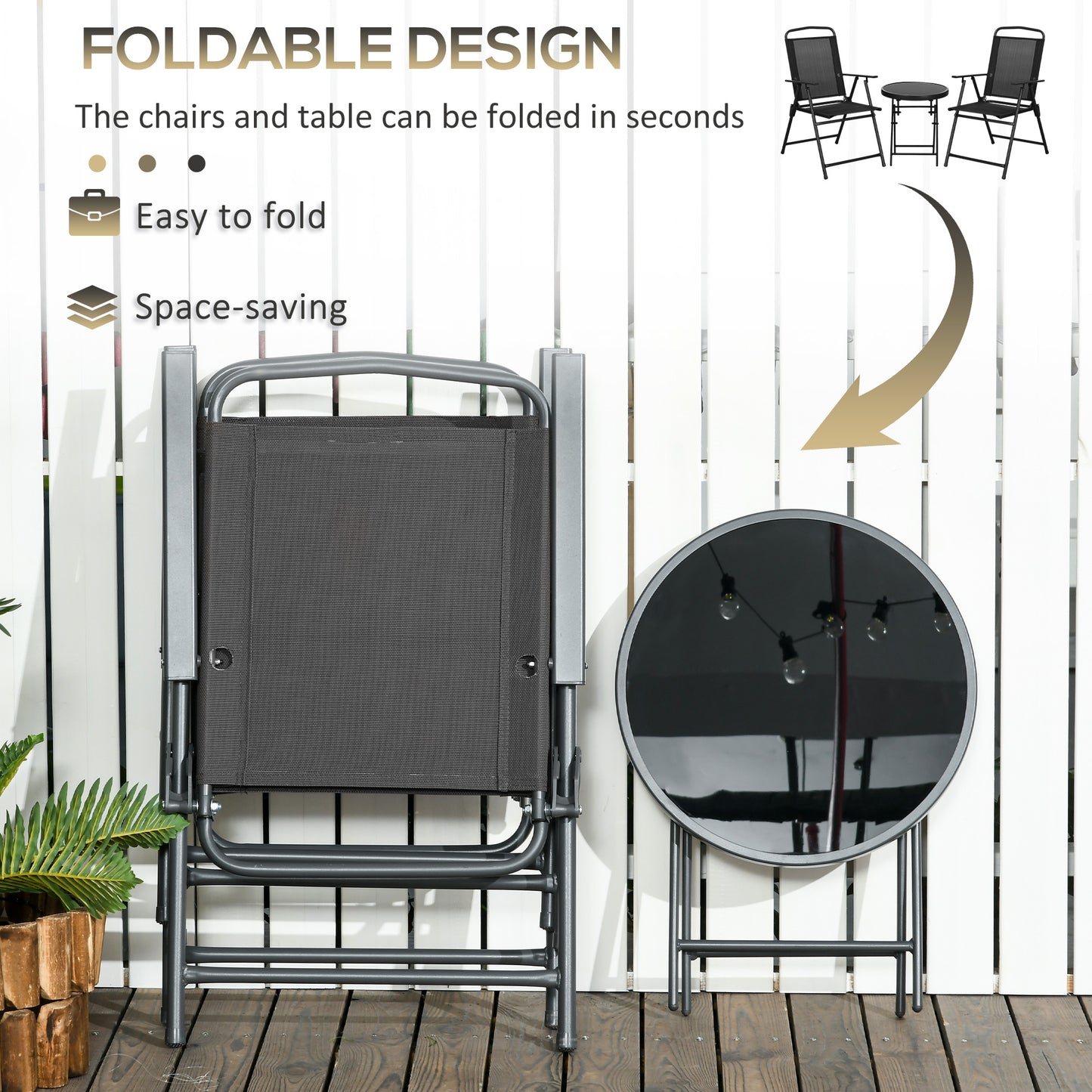 Outsunny Three Piece Foldable Garden Seat Set With Glass Top Table And Chairs Black Powder Coated Metal
