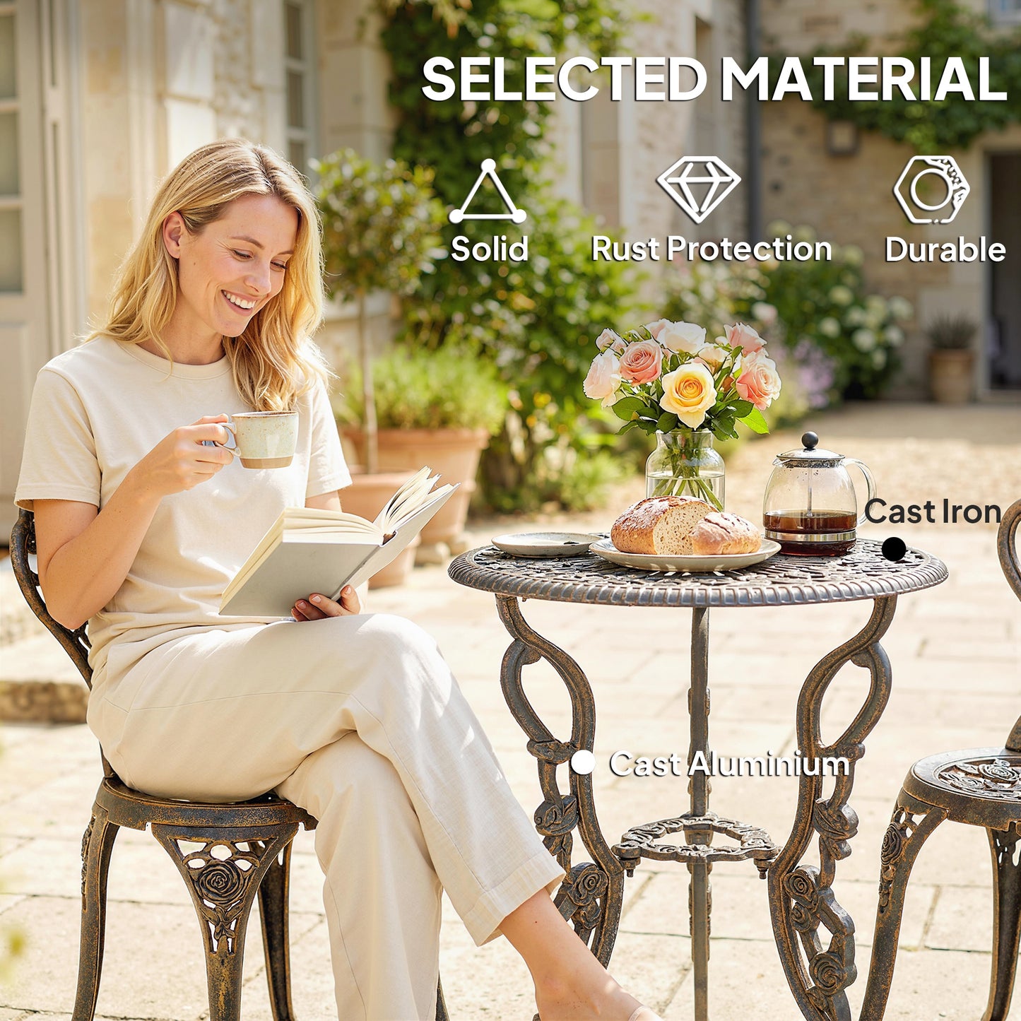 Outsunny Outdoor Patio Bistro Set Vintage Rose Design Round Table With 2 Chairs Umbrella Hole Metallic Finish