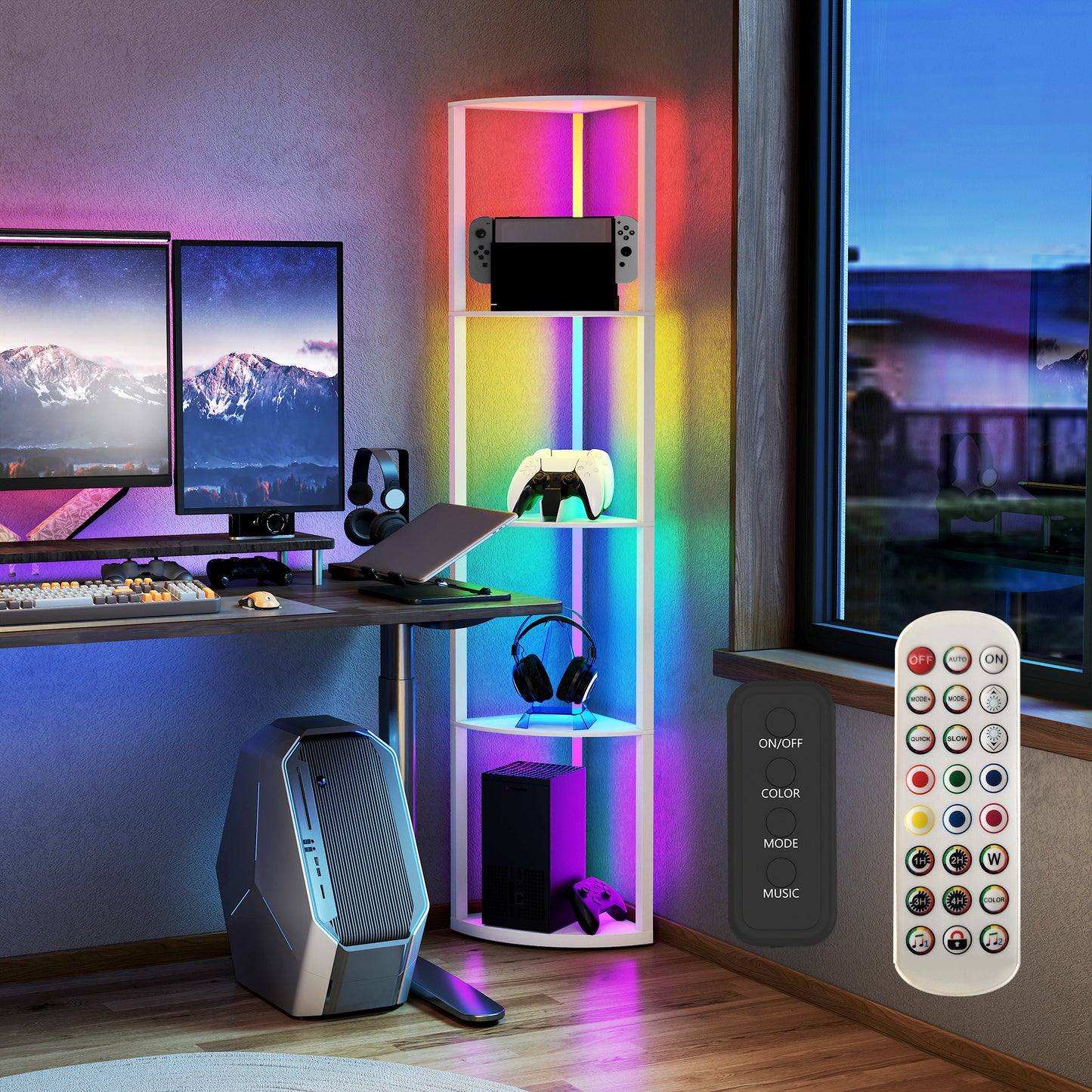 HOMCOM RGB LED Floor Lamp With Shelves 5 Tier Corner Display Shelf Unit For Living Room Bedroom Office White