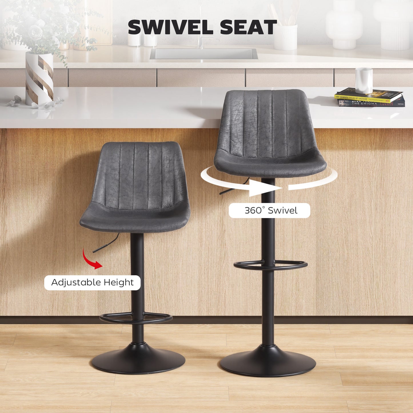 HOMCOM Set Of 2 Leathaire Tub Bar Stools Charcoal Grey Swivel Adjustable Height Modern