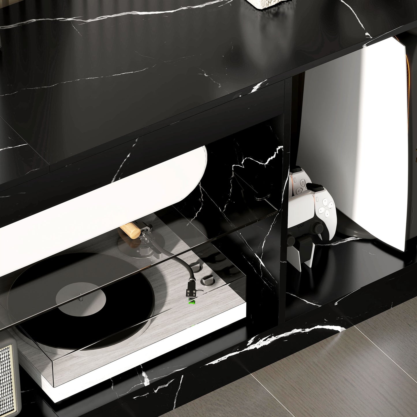 HOMCOM TV Stand Cabinet Black Marble Effect With Glass Shelf Storage Cabinet Entertainment Unit Up To 55 Inch TVs