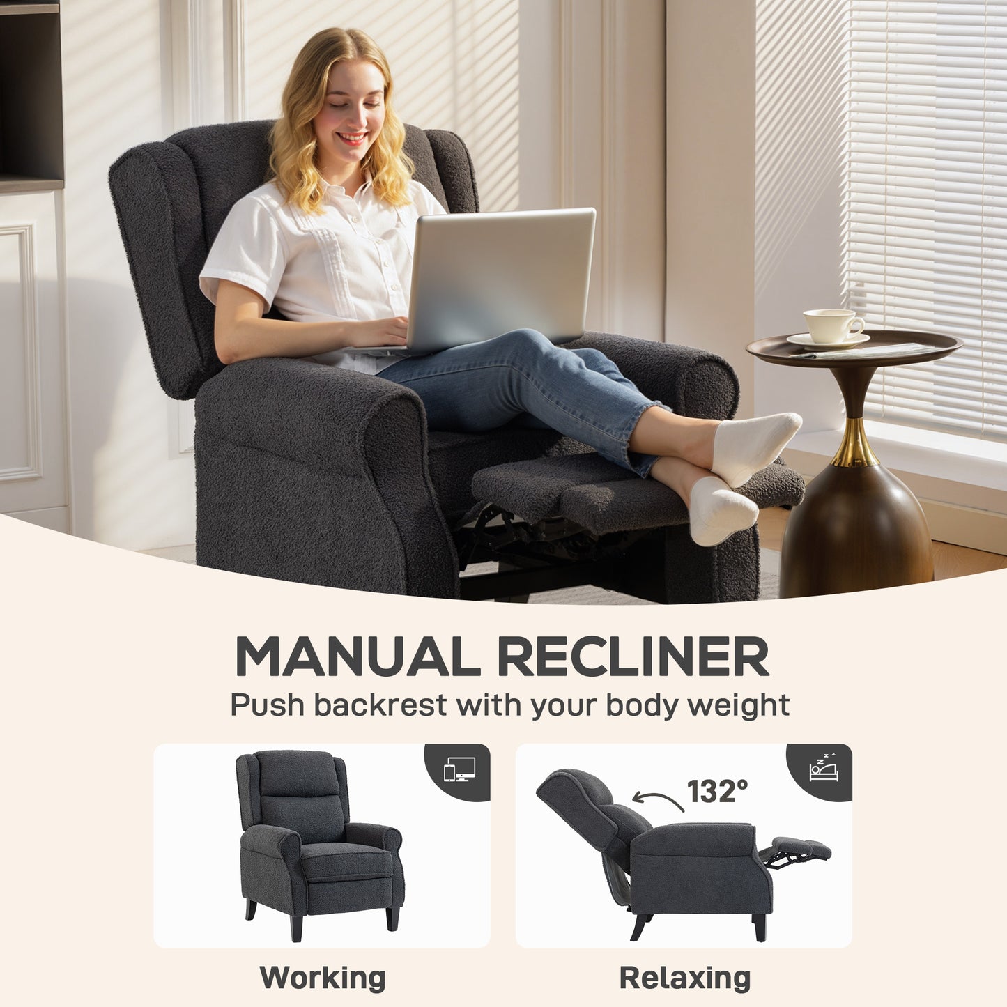 HOMCOM 132 Degree Manual Recliner Armchair With Extended Footrest In Dark Grey For Tall People