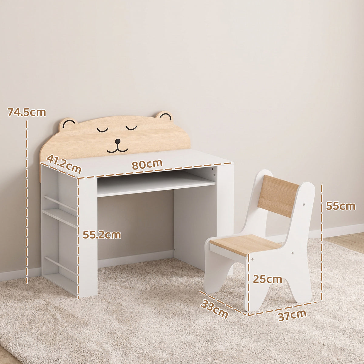 Bear kids table and chair set with size measurements shown