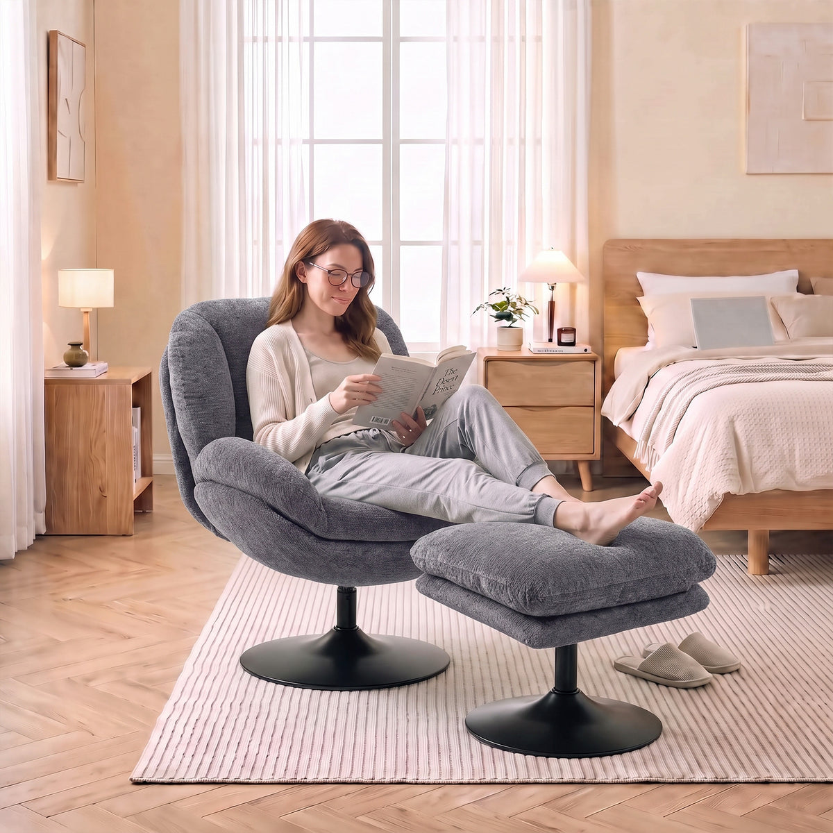 HOMCOM 360 Degree Chenille Swivel Accent Chair With Ottoman for Living Room Dark Grey
