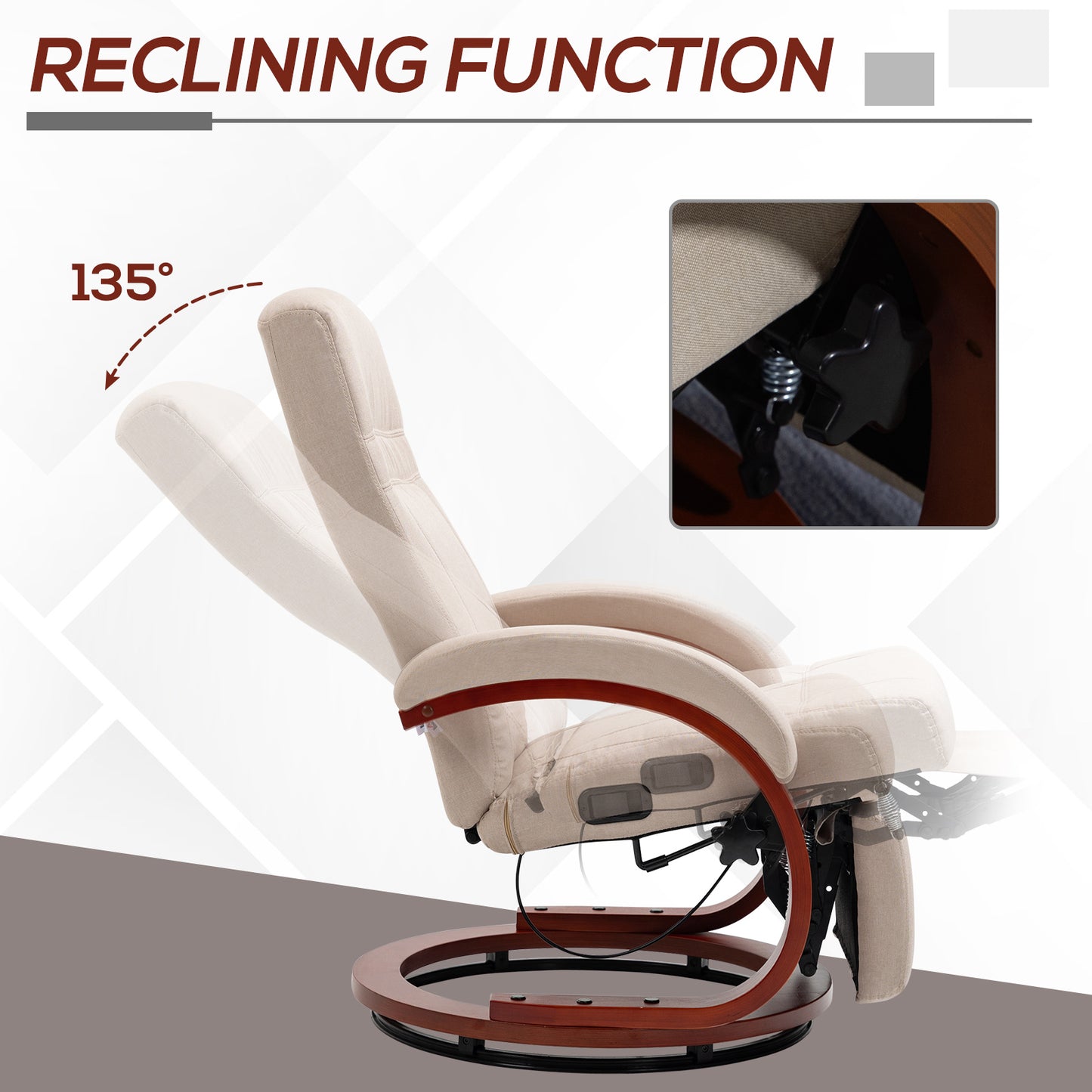 HOMCOM 135 Degree Manual Reclining Swivel Chair With Footrest Beige Linen Upholstery High Back Armrests