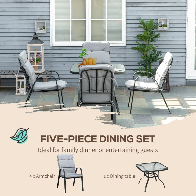 Outsunny 5-Piece Outdoor Square Garden Dining Set with Tempered Glass Dining Table, 4 Cushioned Armchairs, Umbrella Hole - Grey - ALL4U RETAILER LTD