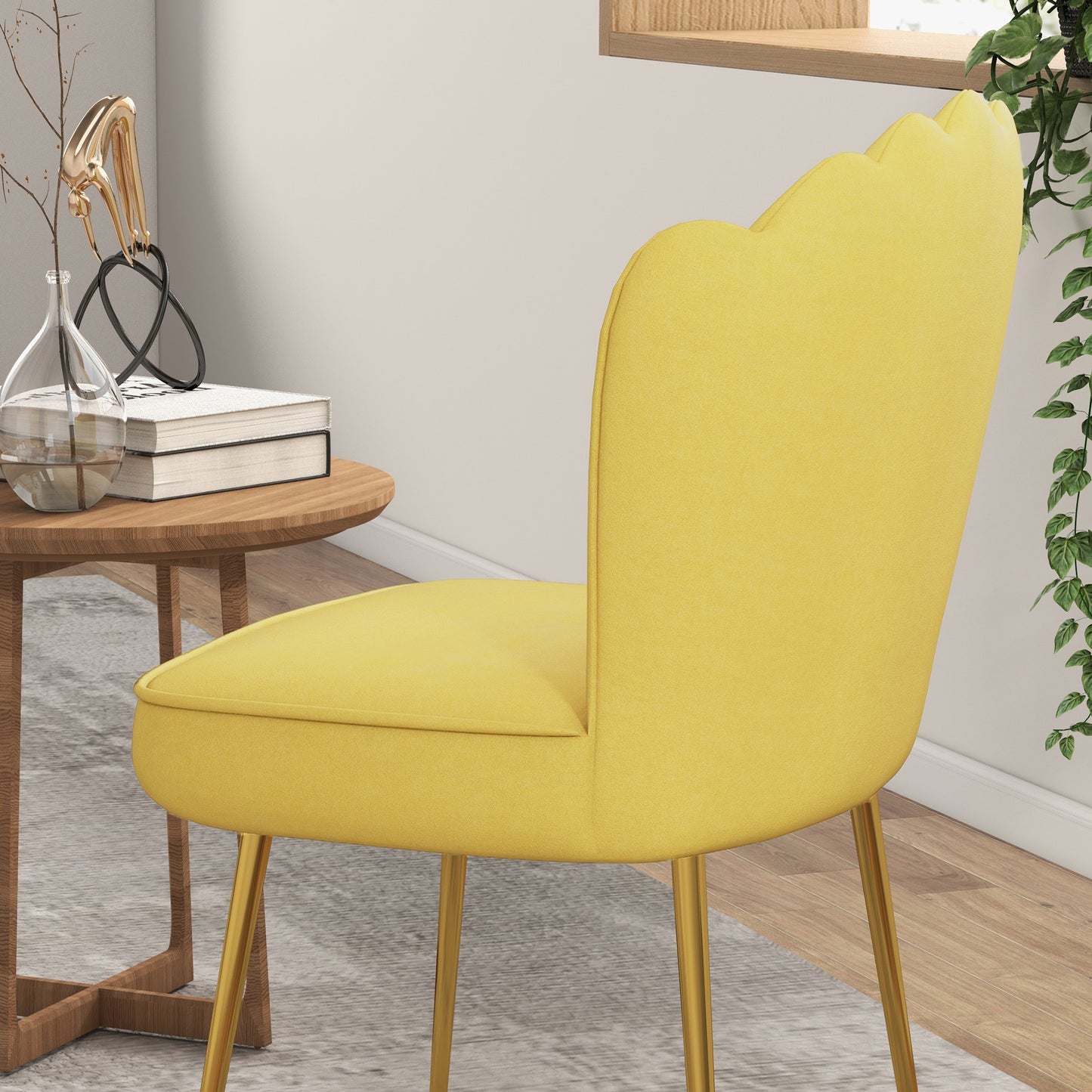 Set Of 2 Velvet-Feel Shell Accent Chairs In Yellow With Gold-Tone Legs For Living Room Decor