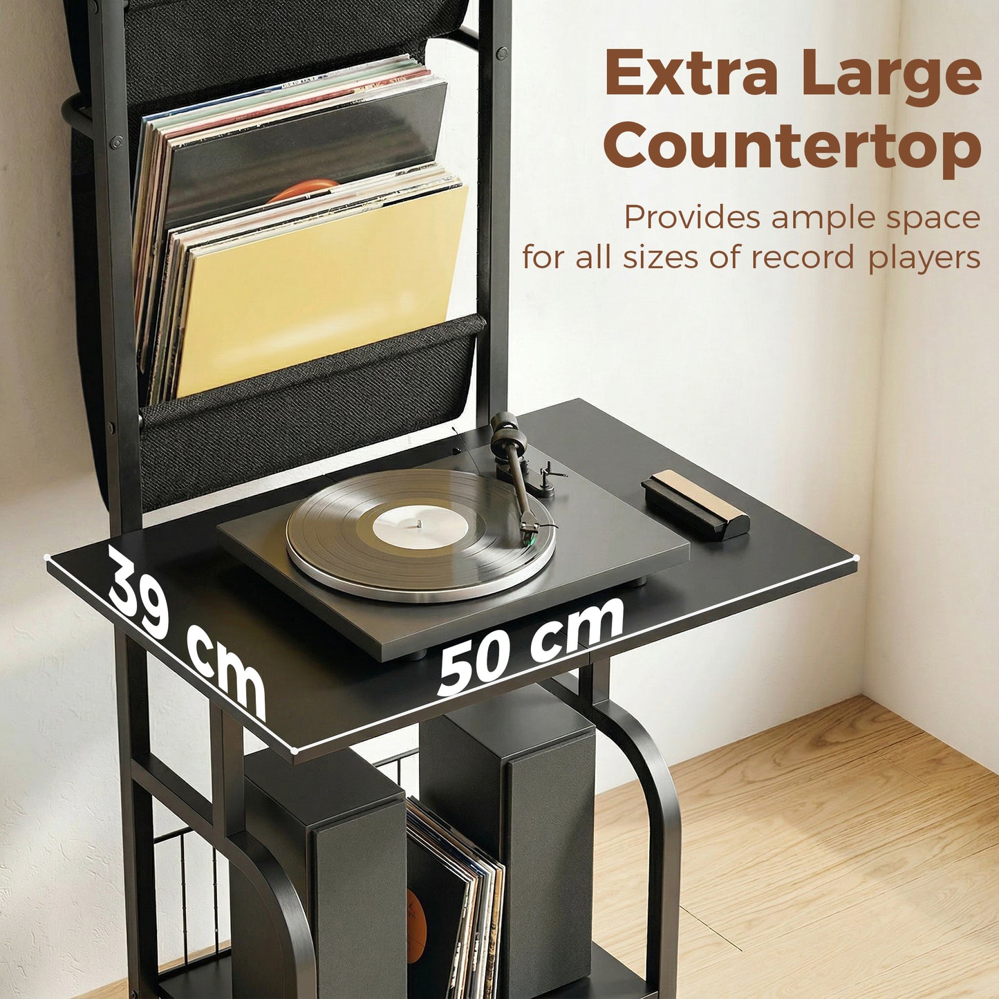 HOMCOM Vinyl Record Player Stand And Storage With Oxford Fabric Pockets Bottom Shelf Black
