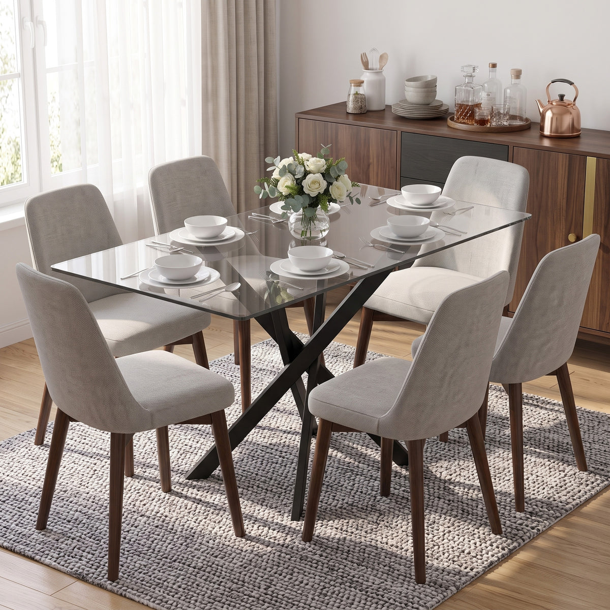 Tempered glass dining table with clear top and black X steel legs