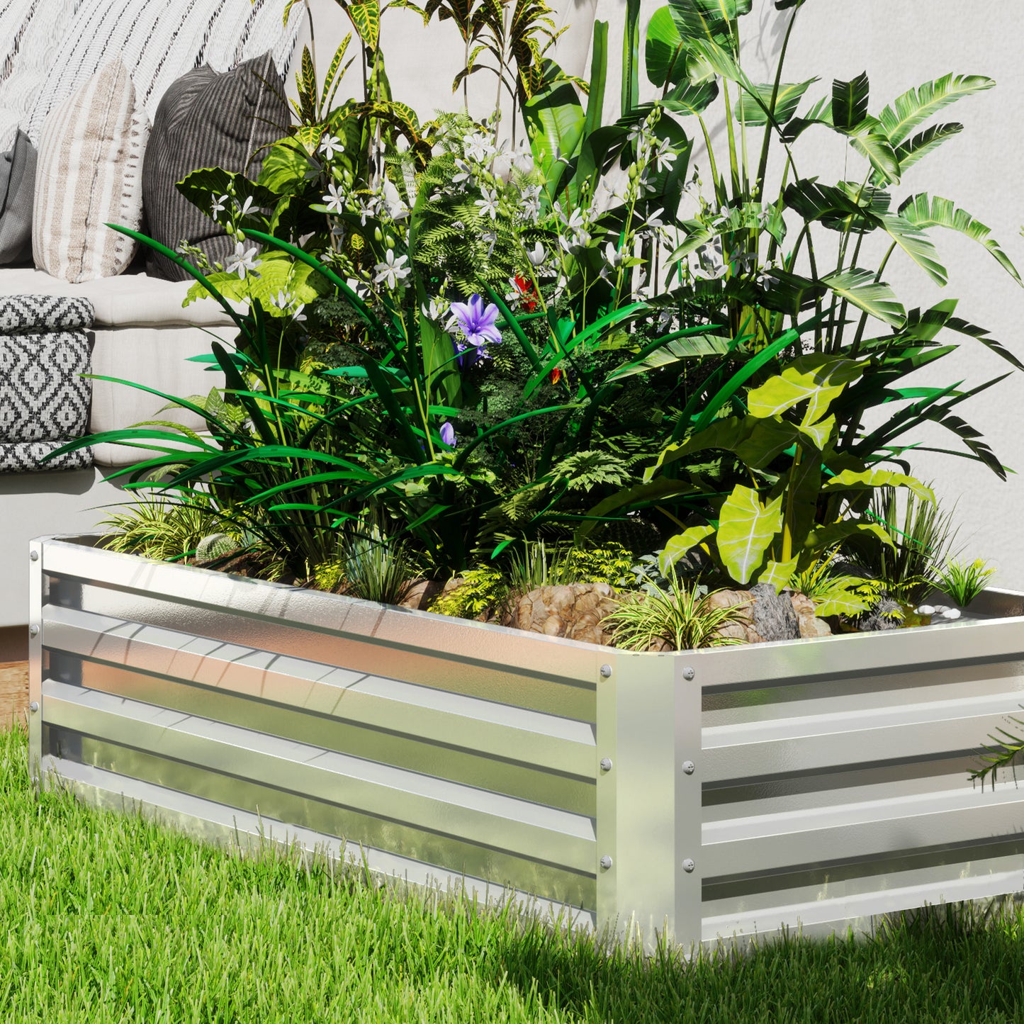 Outsunny Raised Beds for Garden Galvanized Outdoor Planters for Herbs and Vegetables Patio Balcony Backyard Silver