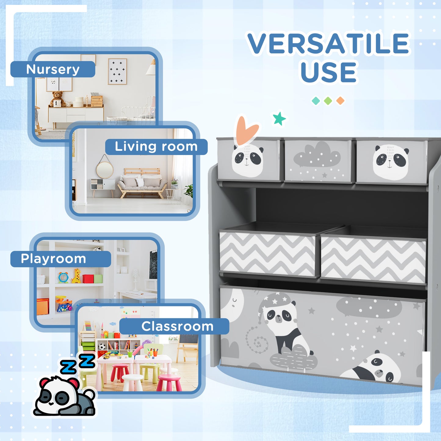 ZoneKiz Kids Storage Unit With Six Fabric Bins For Bedrooms Playrooms And Nurseries Grey