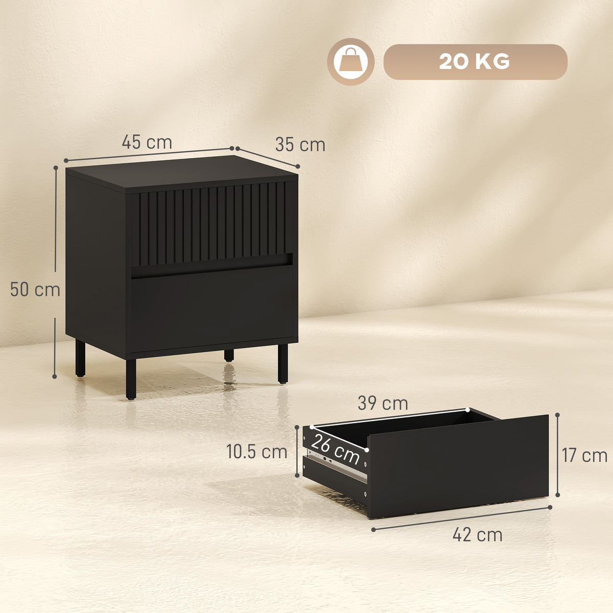 Homcom Black Nightstand With Two Drawers And Steel Legs For Bedroom