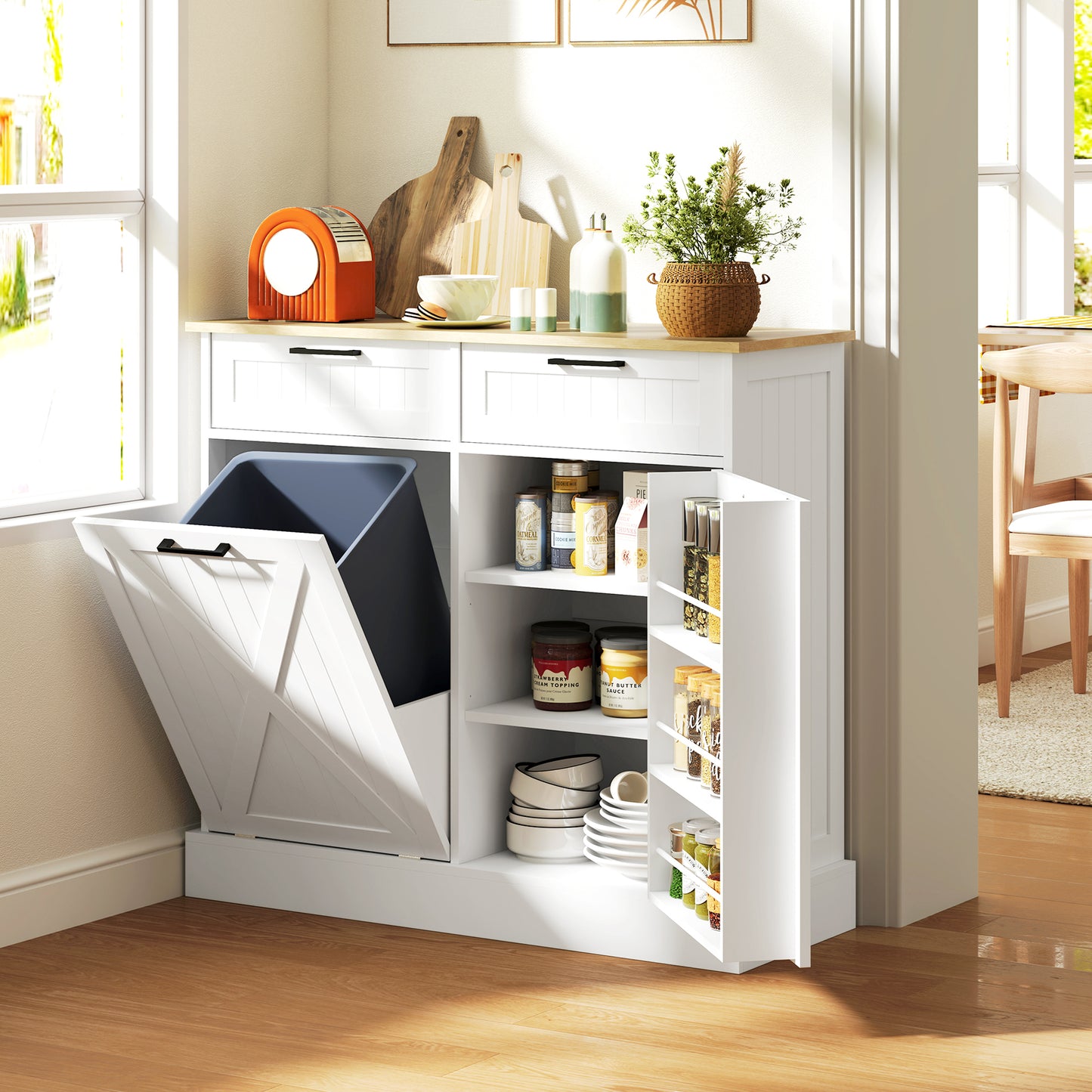 HOMCOM Farmhouse Sideboard With Tilt Out Trash Bin, White Finish, 2 Drawers, Adjustable Shelves, Door Racks