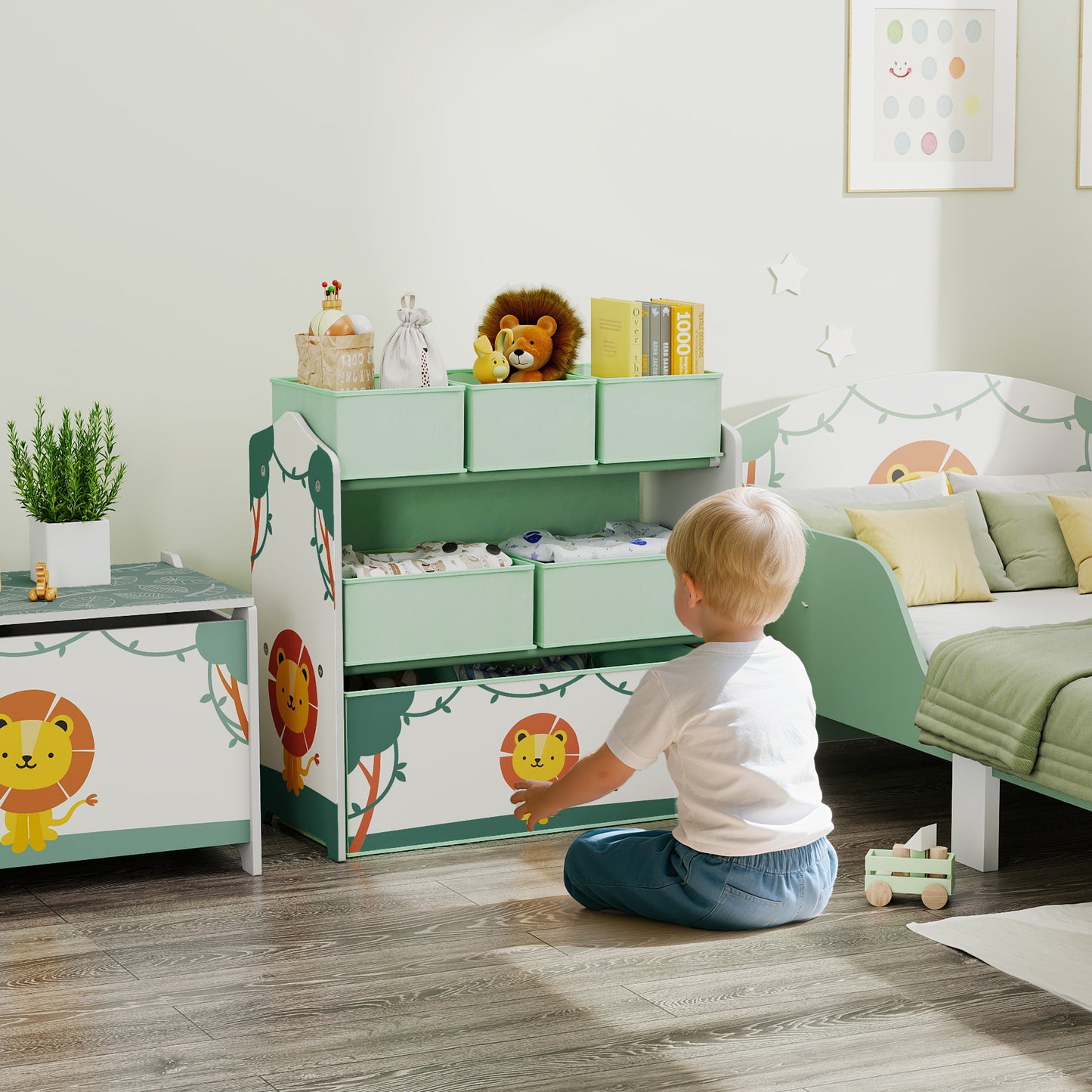 AIYAPLAY 3 Tier Kids Toy Storage Units With Six Removable Boxes Toy Organizer Shelf For Bedroom And Playroom Green
