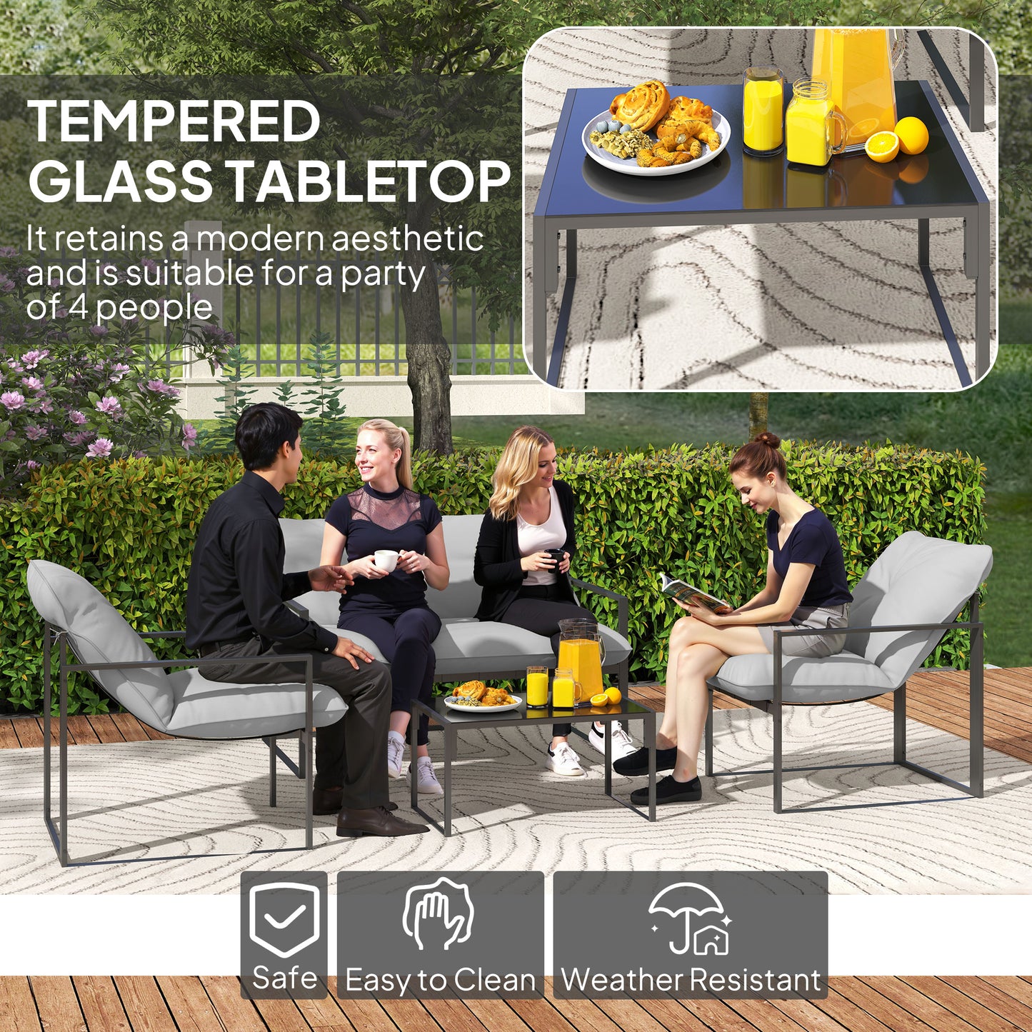 Outsunny Four Piece Relaxed Back Garden Dining Set Black And Light Grey With Steel Frame And Thick Cushioned Seats