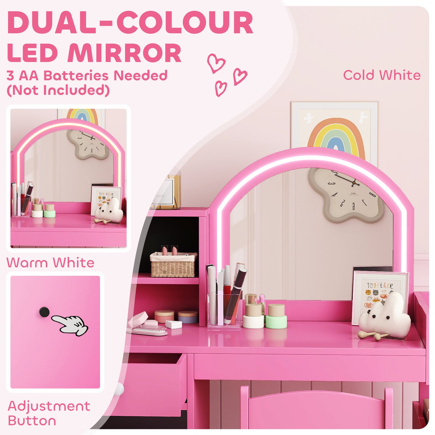 AIYAPLAY Kids Vanity Table and Chair Set with LED Mirror Pink and Storage Includes Stool Cabinet Drawer Shelves