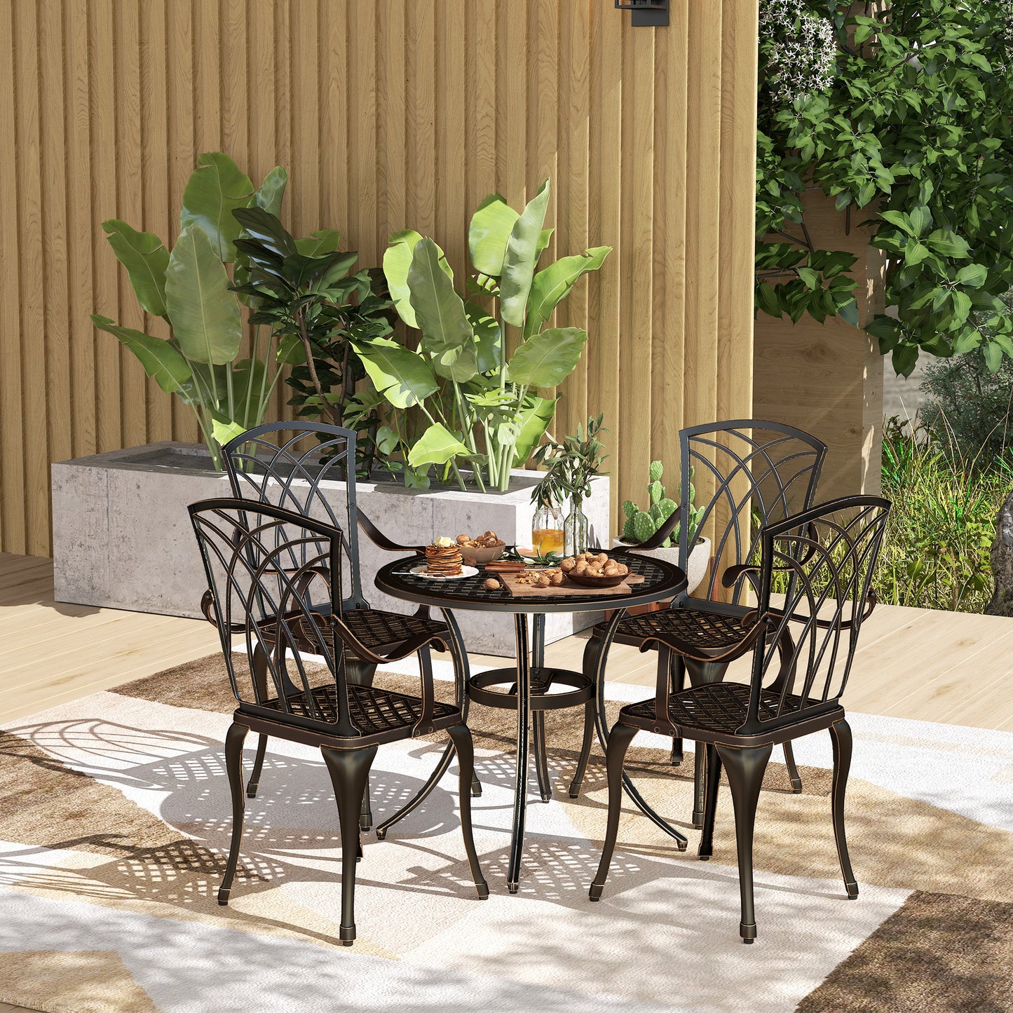 Outsunny 5 Piece Garden Dining Set For 4 Cast Aluminium Outdoor Round Table And Armchairs With Parasol Hole Bronze Tone