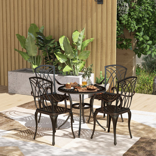 Outsunny 5 Piece Garden Dining Set For 4 Cast Aluminium Outdoor Round Table And Armchairs With Parasol Hole Bronze Tone