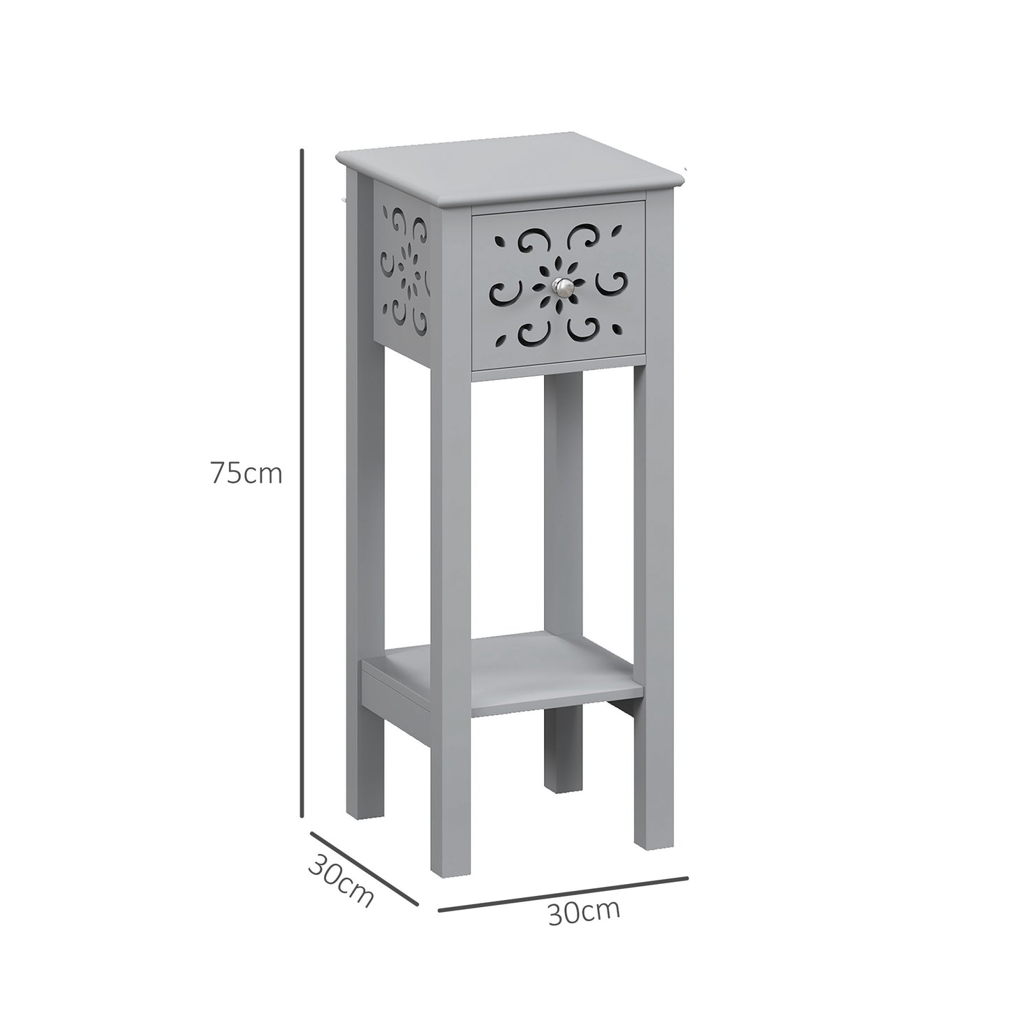 Homcom Set Of Two Elegant Floral Cutout Grey Side Tables With Drawers And Shelves For Living Room