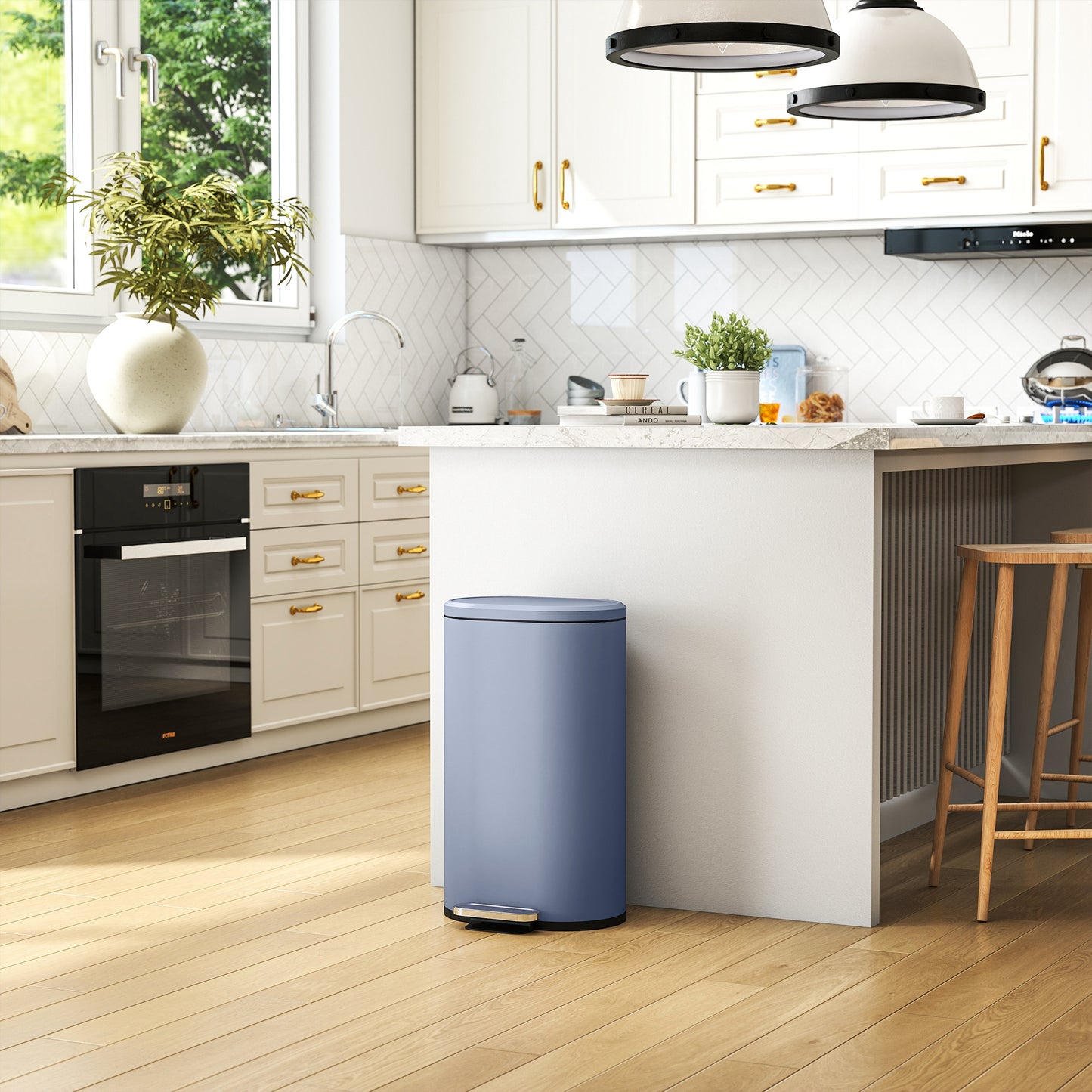 HOMCOM 30 L Modern Curved Kitchen Bin With Silent Soft Close Lid Grey Finish Fingerprint Resistant Metal Pedal Operated