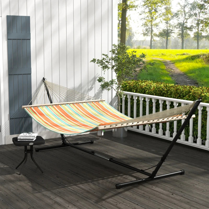 Outsunny Double Cotton Hammock with Adjustable Steel Stand and Pillow, Red Stripes - Ideal for Garden, Patio, Beach - ALL4U RETAILER LTD