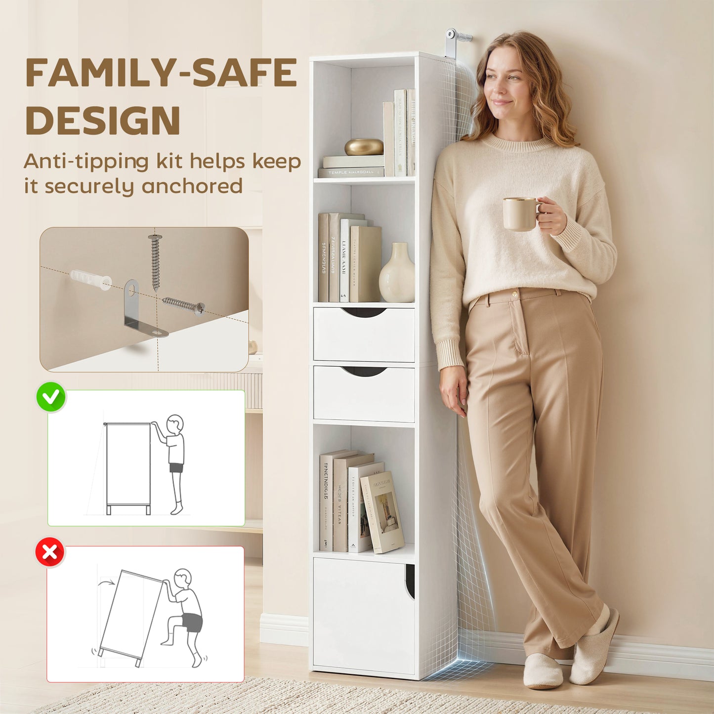 HOMCOM 158 cm White Bookcase With Two Drawers And Cabinet Adjustable Shelves Open Storage
