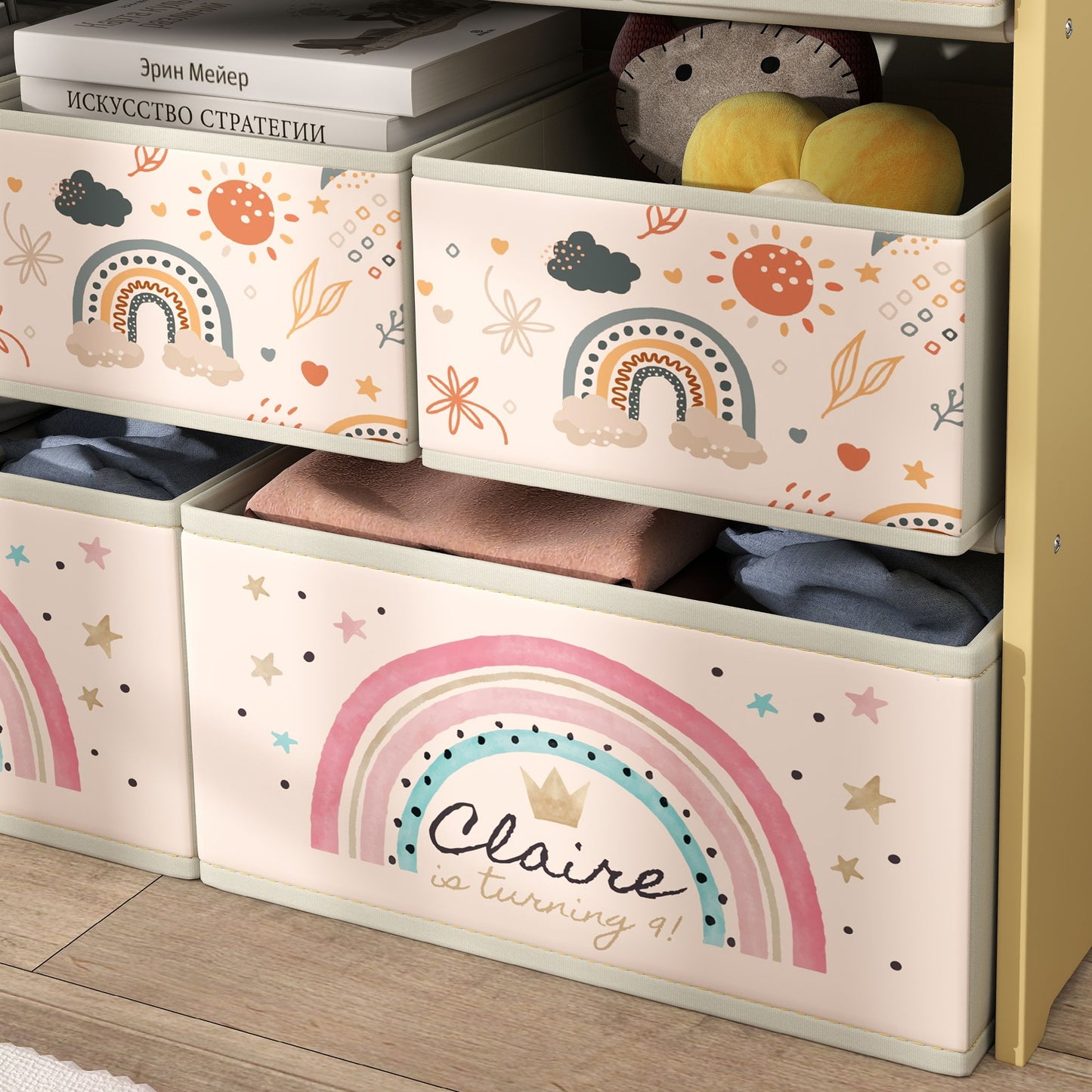 AIYAPLAY 3 Tier Kids Storage Unit With 9 Nonwoven Fabric Boxes For Toys Books Clothes Bedroom Nursery Yellow