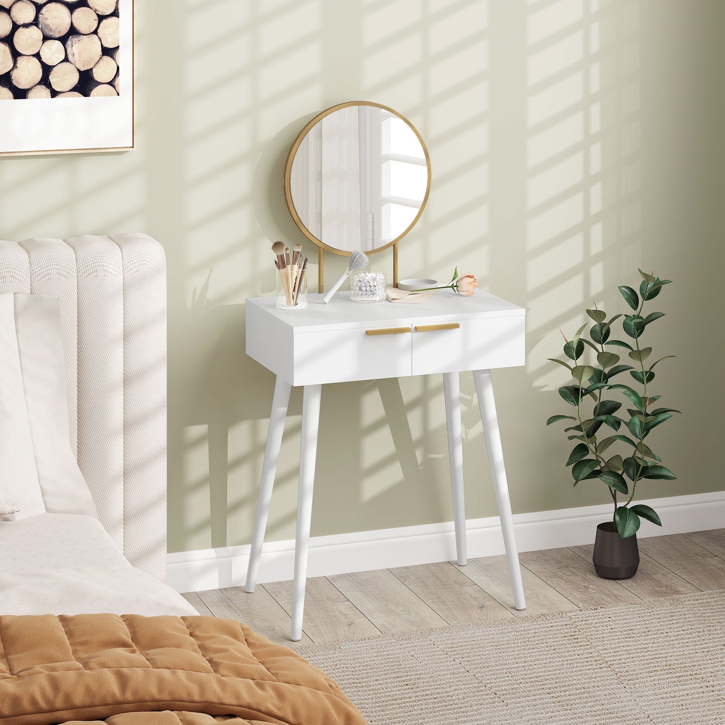 HOMCOM Elegant Dressing Table With Round Mirror White 60 x 40 x 123 cm With Storage Drawers
