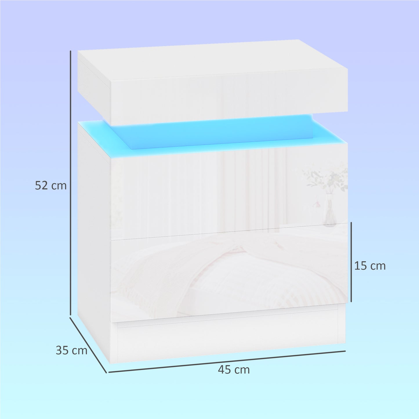 HOMCOM White Bedside Table With LED Light Set Of 2 Nightstand For Bedroom Living Room High Gloss Front And 2 Drawers