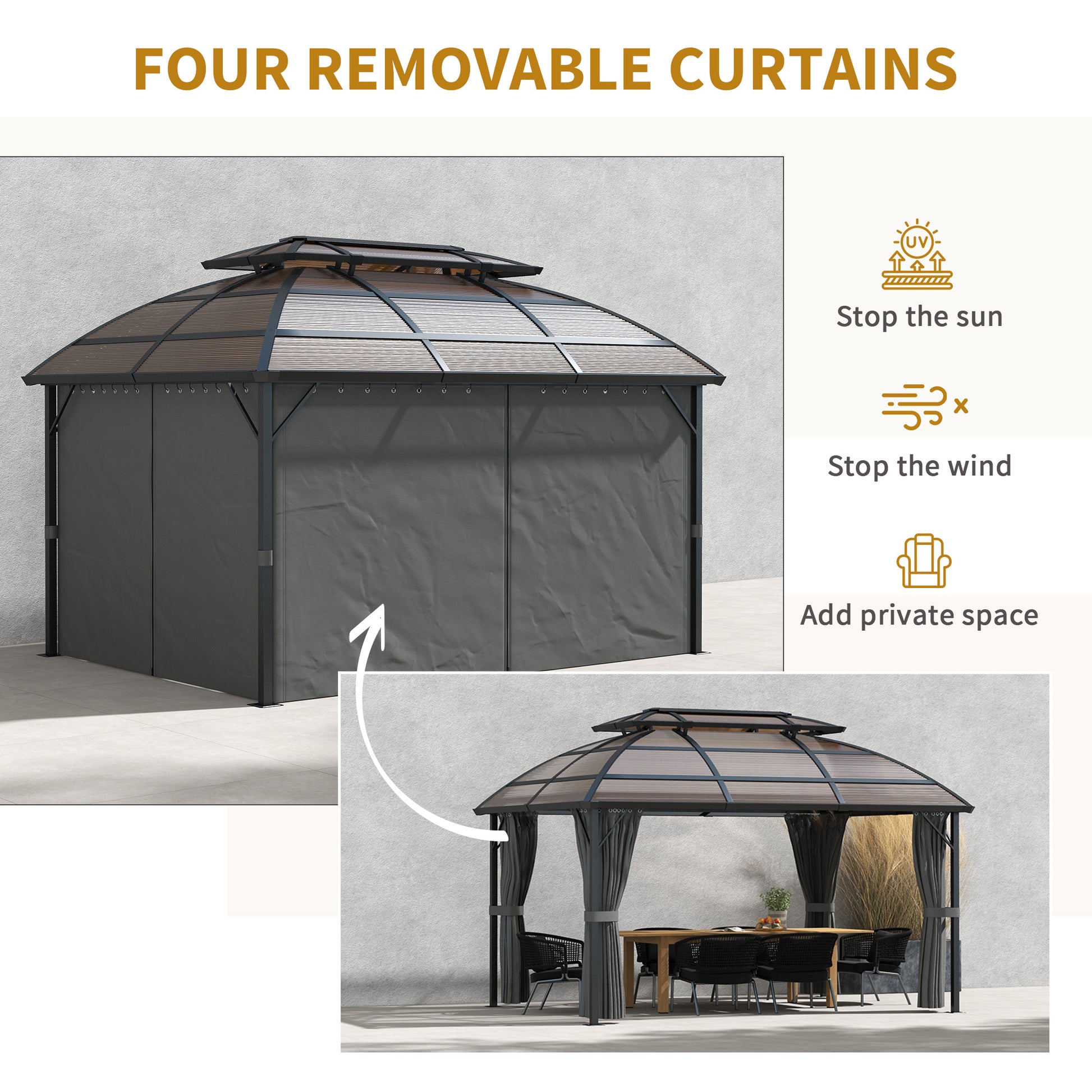 Outsunny Brown Aluminium Frame 4x3m Polycarbonate Garden Gazebo with Curtains and Insect Netting - ALL4U RETAILER LTD