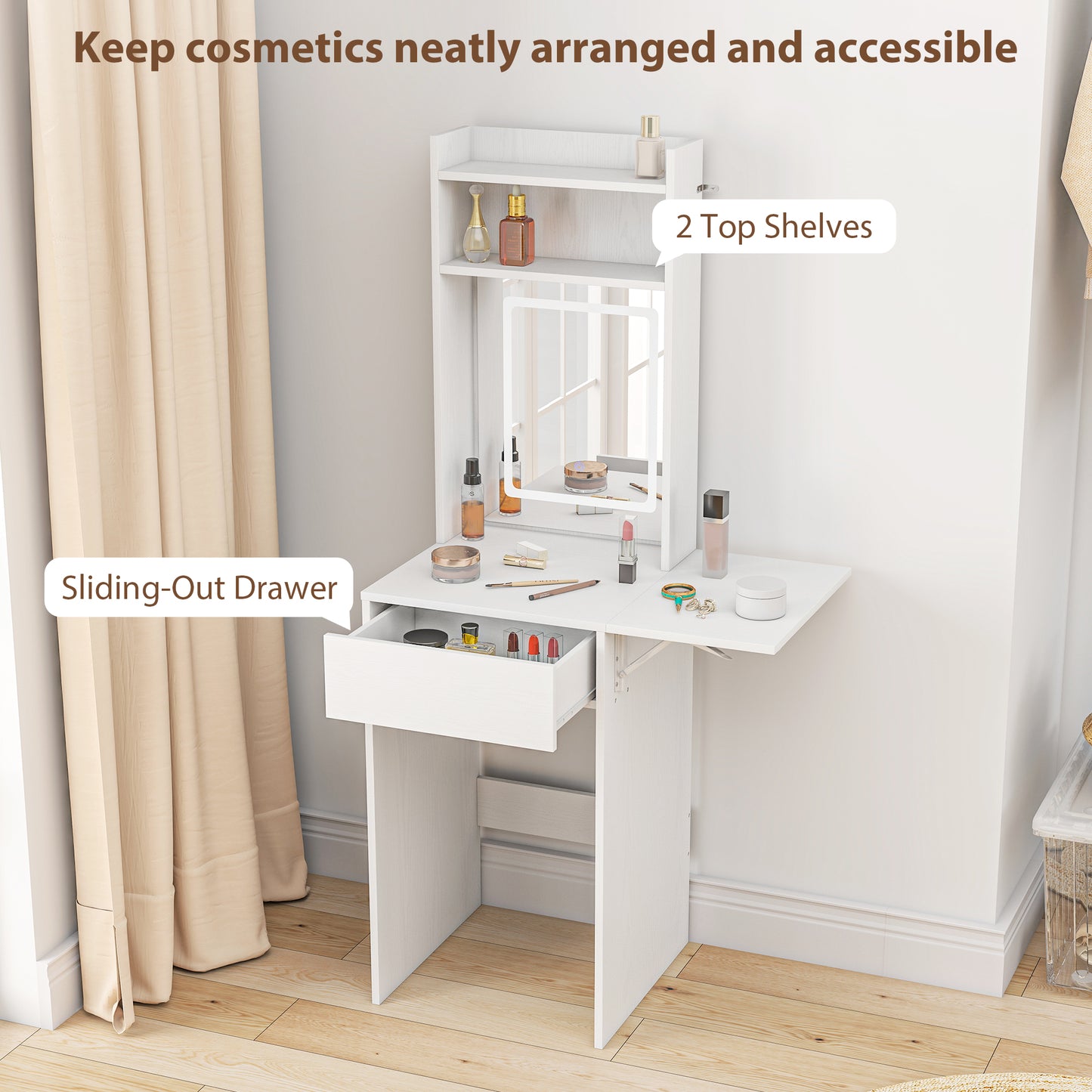 HOMCOM Small Vanity Desk With Mirror And Led Lights Compact Dressing Table With Drop Leaf Open Shelves And Drawer White