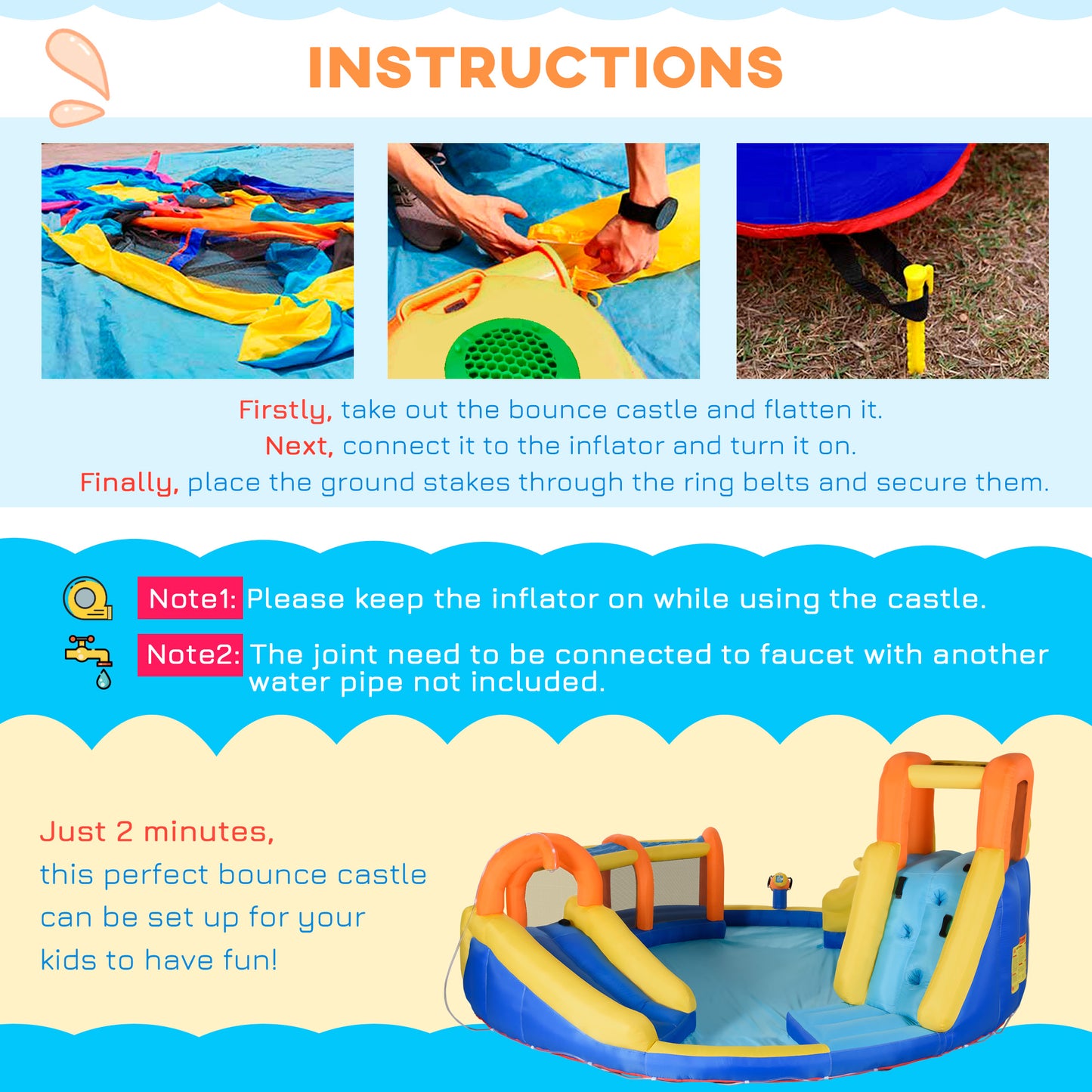 Outsunny 5-in-1 Kids Inflatable Funhouse with Slide, Water Pool, and Climbing Wall - Large Bouncy Castle for Outdoor Play, Includes 750W Inflator and Carry Bag - ALL4U RETAILER LTD